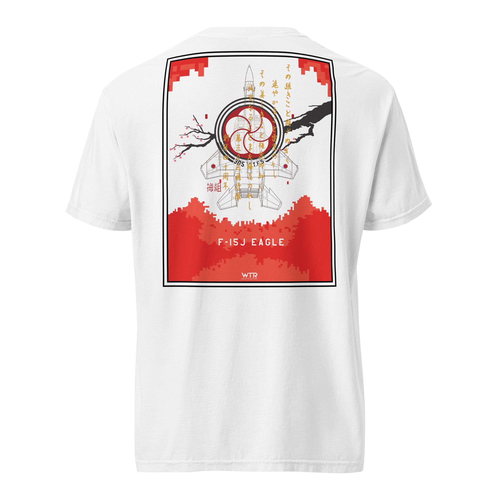 Hand-drawn schematic of the MITSUBISHI F-15J 305TH TACTICAL FIGHTER SQUADRON 40 YEARS printed on a standard T-shirt.