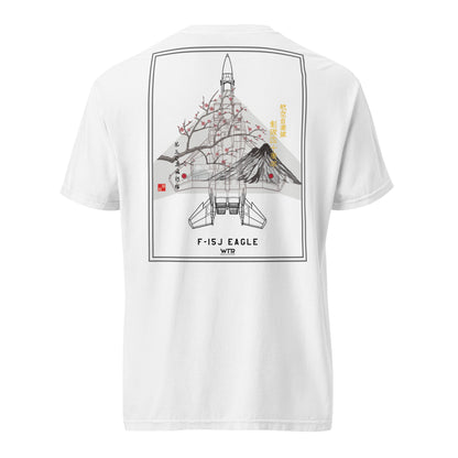 Hand-drawn schematic of the Mitsubishi F-15J Eagle 305th Tactical Fighter Squadron 50 Years livery on a standard t-shirt.