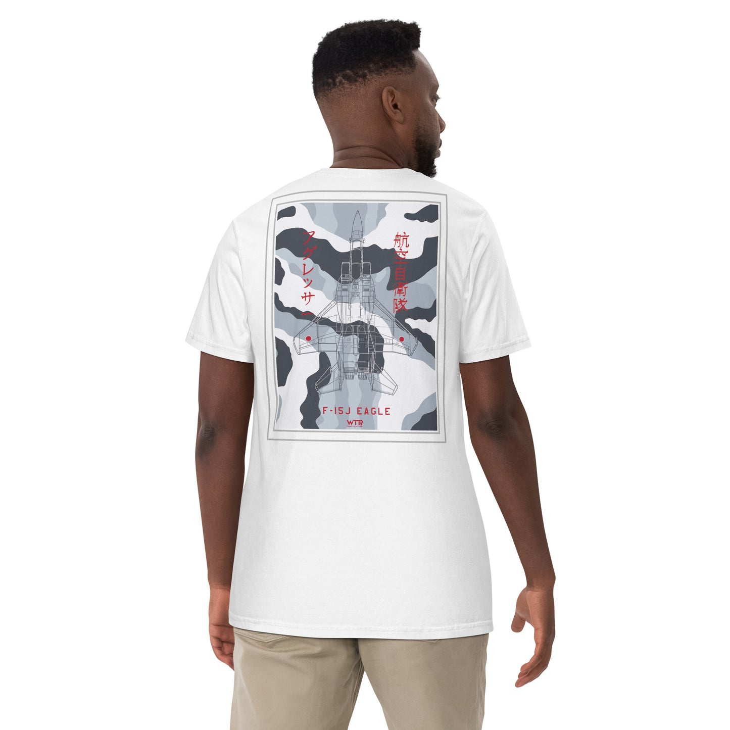 Hand-drawn schematic of the Mitsubishi F-15J Eagle Aggressor Camouflage livery printed on a standard classic-fit t-shirt.