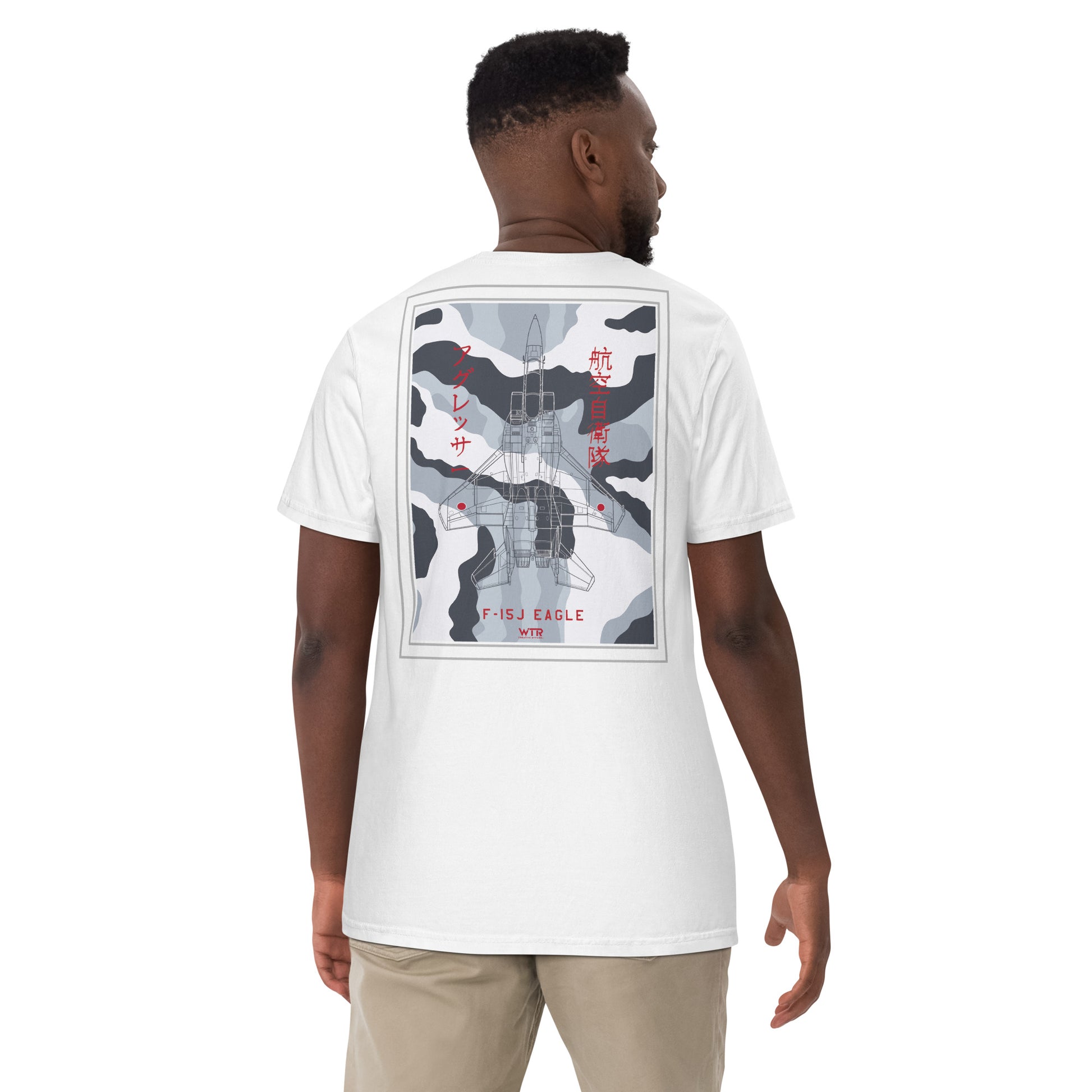 Hand-drawn schematic of the Mitsubishi F-15J Eagle Aggressor Camouflage livery printed on a standard classic-fit t-shirt.