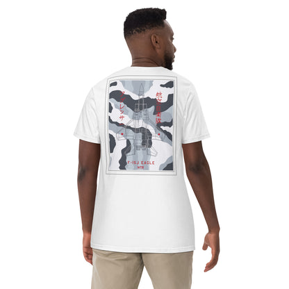 Hand-drawn schematic of the Mitsubishi F-15J Eagle Aggressor Camouflage livery printed on a standard classic-fit t-shirt.