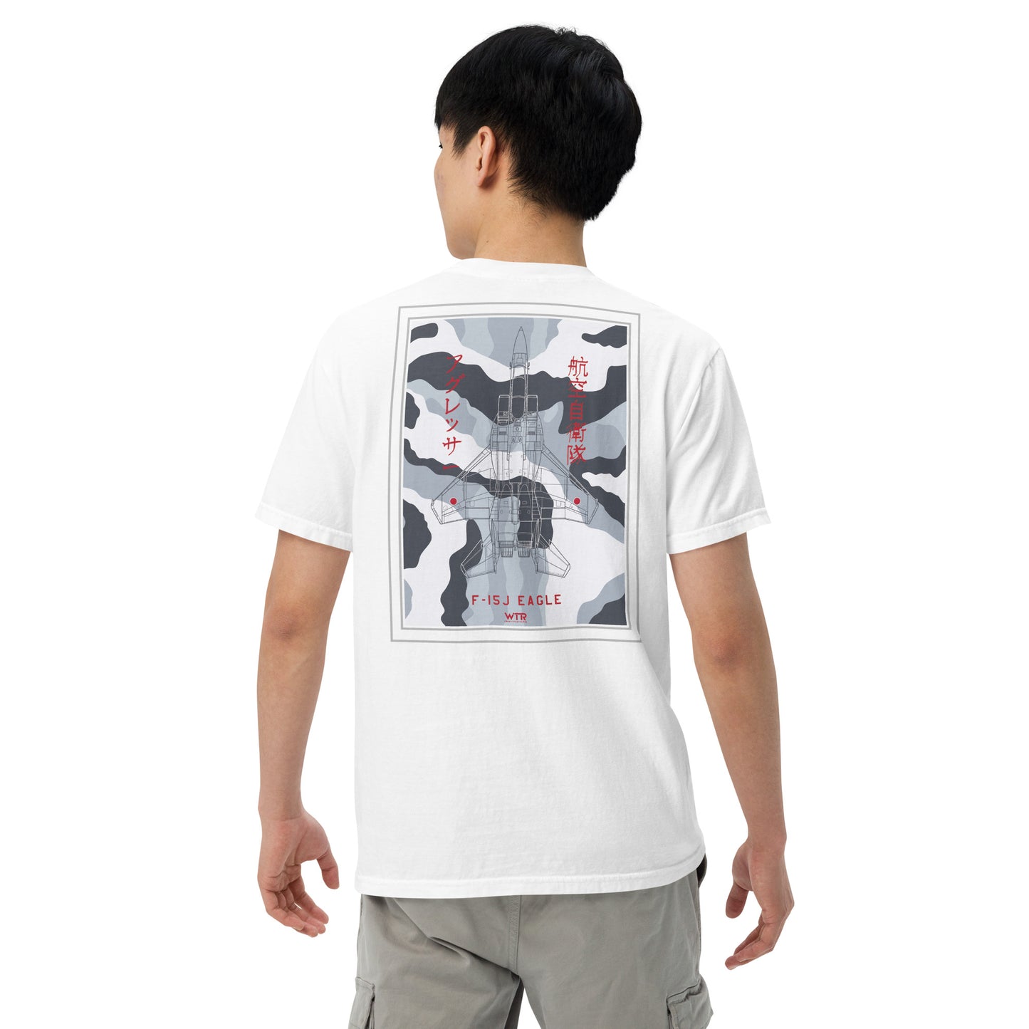 Hand-drawn schematic of the Mitsubishi F-15J Eagle Aggressor Camouflage livery printed on a standard classic-fit t-shirt.