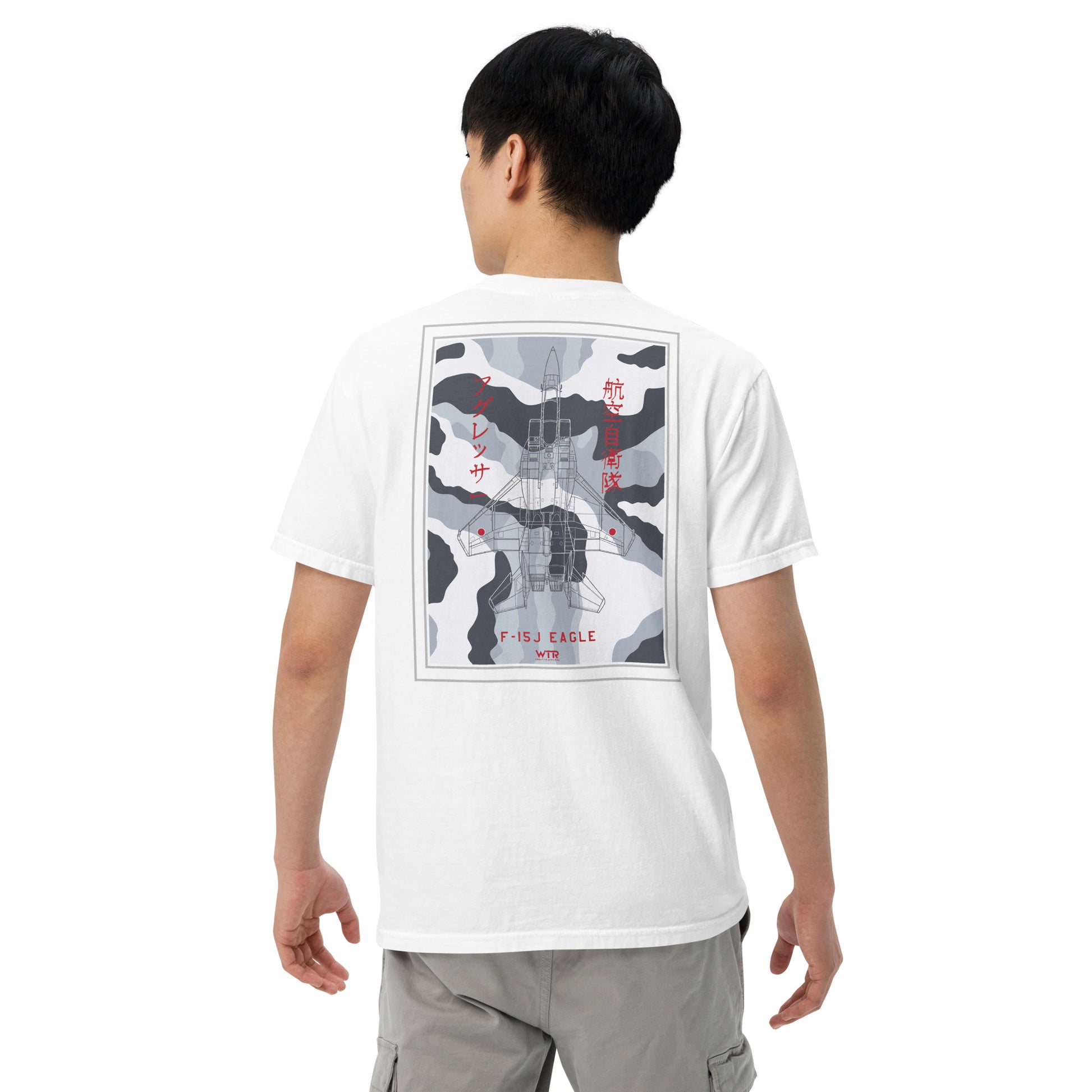 Hand-drawn schematic of the Mitsubishi F-15J Eagle Aggressor Camouflage livery printed on a standard classic-fit t-shirt.