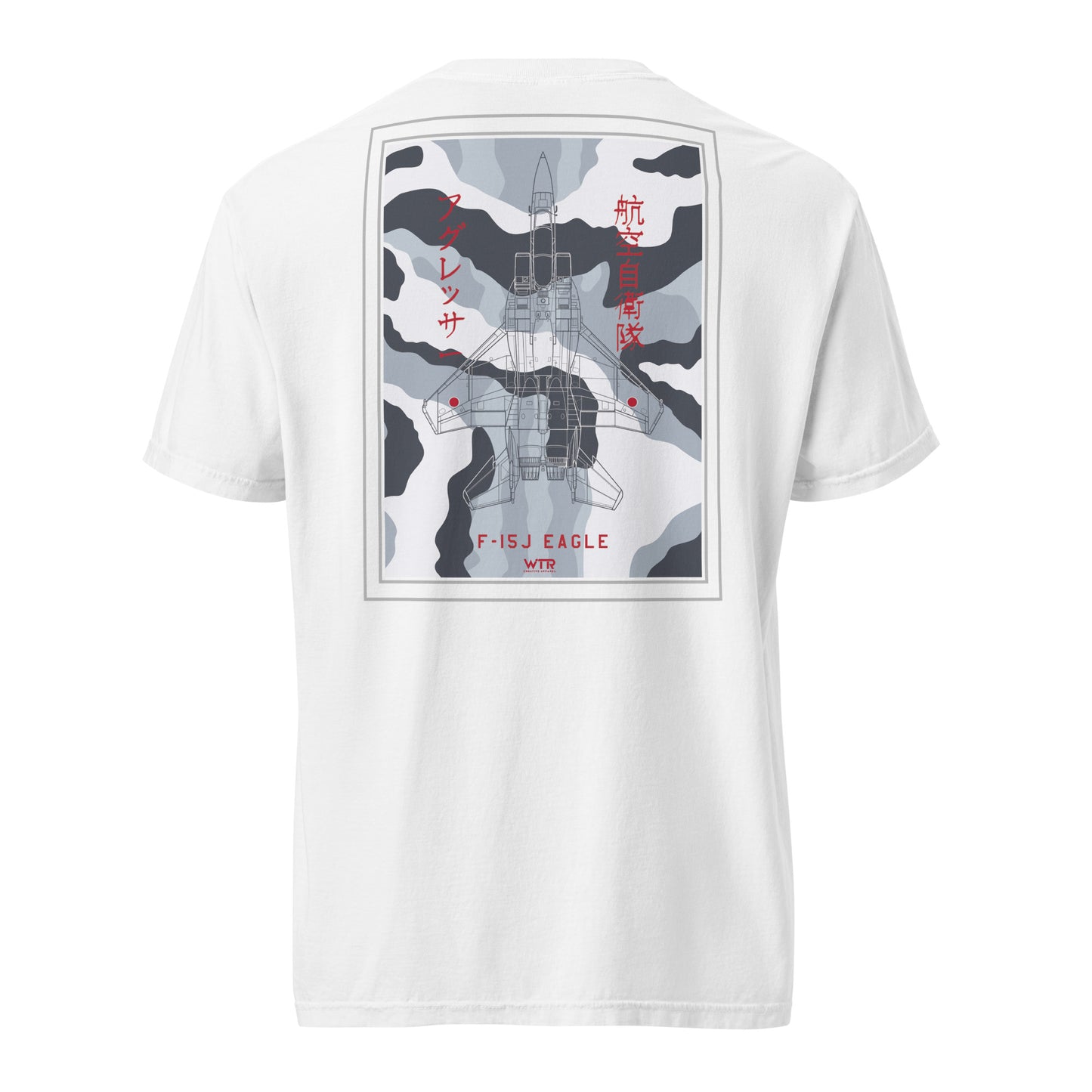 Hand-drawn schematic of the Mitsubishi F-15J Eagle Aggressor Camouflage livery printed on a standard classic-fit t-shirt.