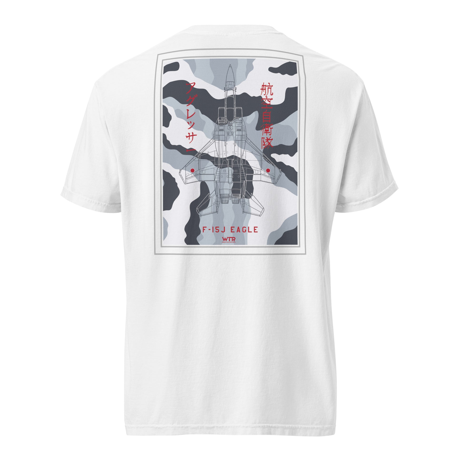 Hand-drawn schematic of the Mitsubishi F-15J Eagle Aggressor Camouflage livery printed on a standard classic-fit t-shirt.