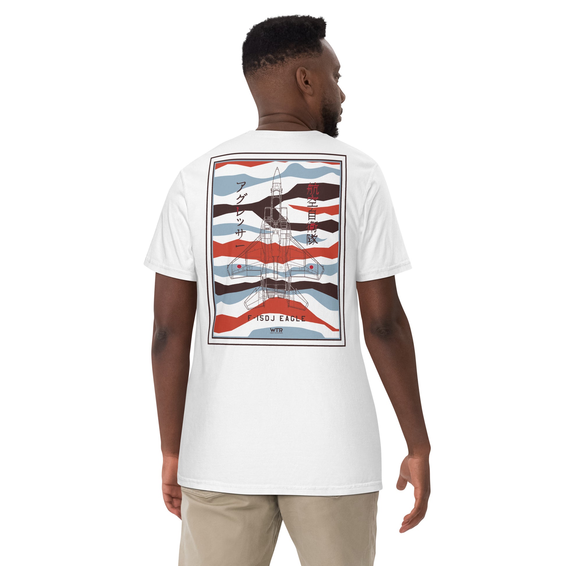 Hand-drawn schematic of the Mitsubishi F-15DJ Eagle Aggressor Minokasago Lionfish livery printed on a standard t-shirt.