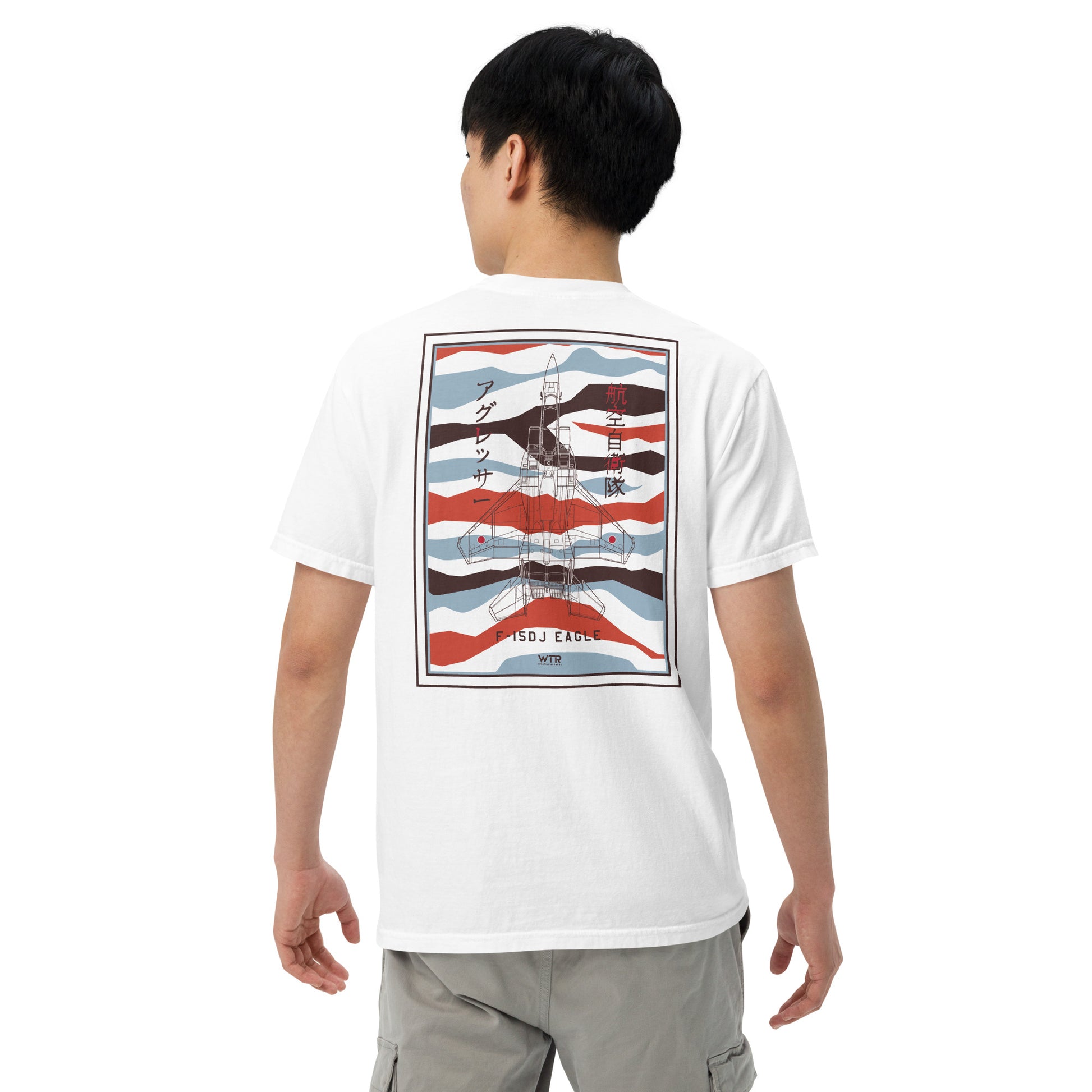 Hand-drawn schematic of the Mitsubishi F-15DJ Eagle Aggressor Minokasago Lionfish livery printed on a standard t-shirt.