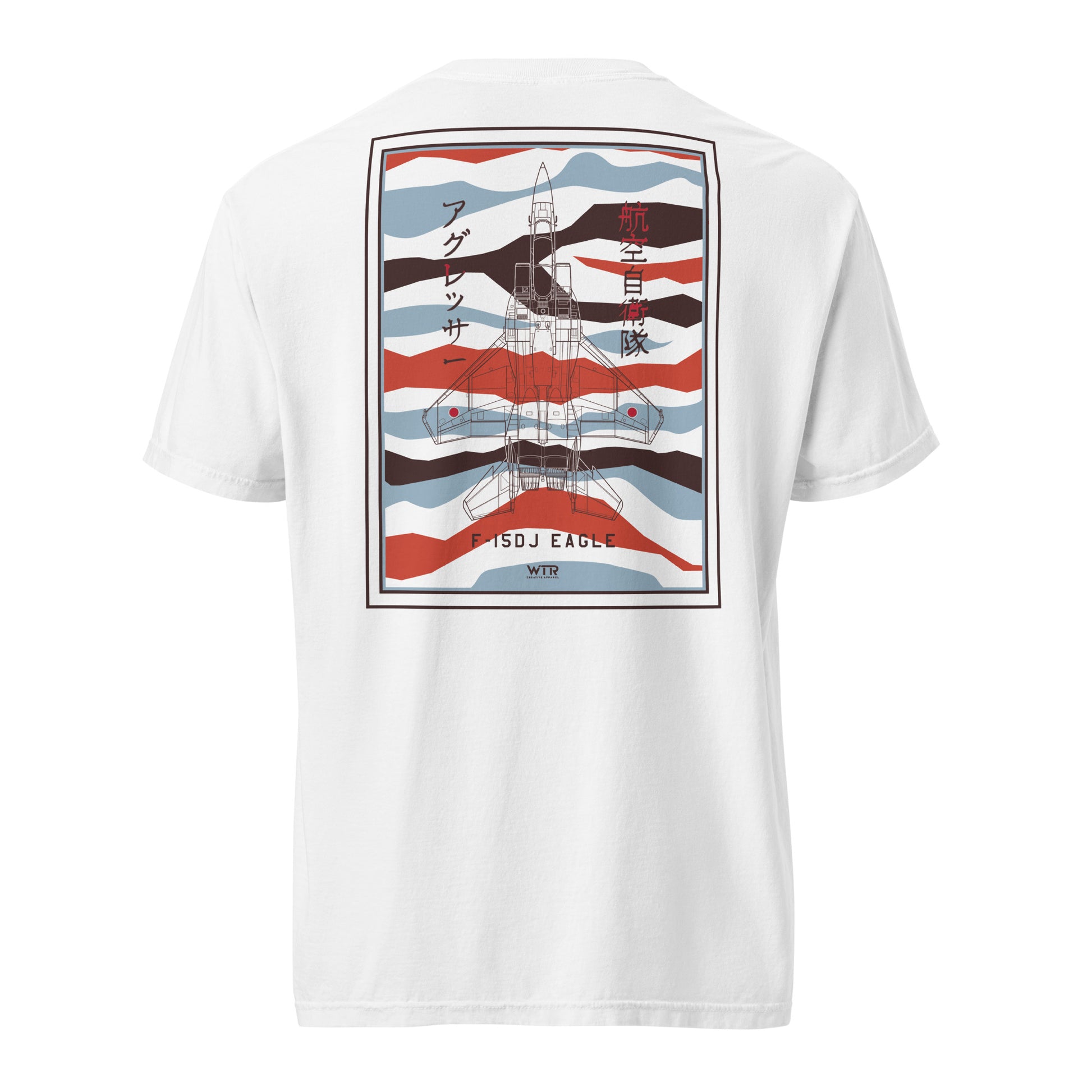 Hand-drawn schematic of the Mitsubishi F-15DJ Eagle Aggressor Minokasago Lionfish livery printed on a standard t-shirt.
