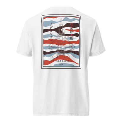 Hand-drawn schematic of the Mitsubishi F-15DJ Eagle Aggressor Minokasago Lionfish livery printed on a standard t-shirt.