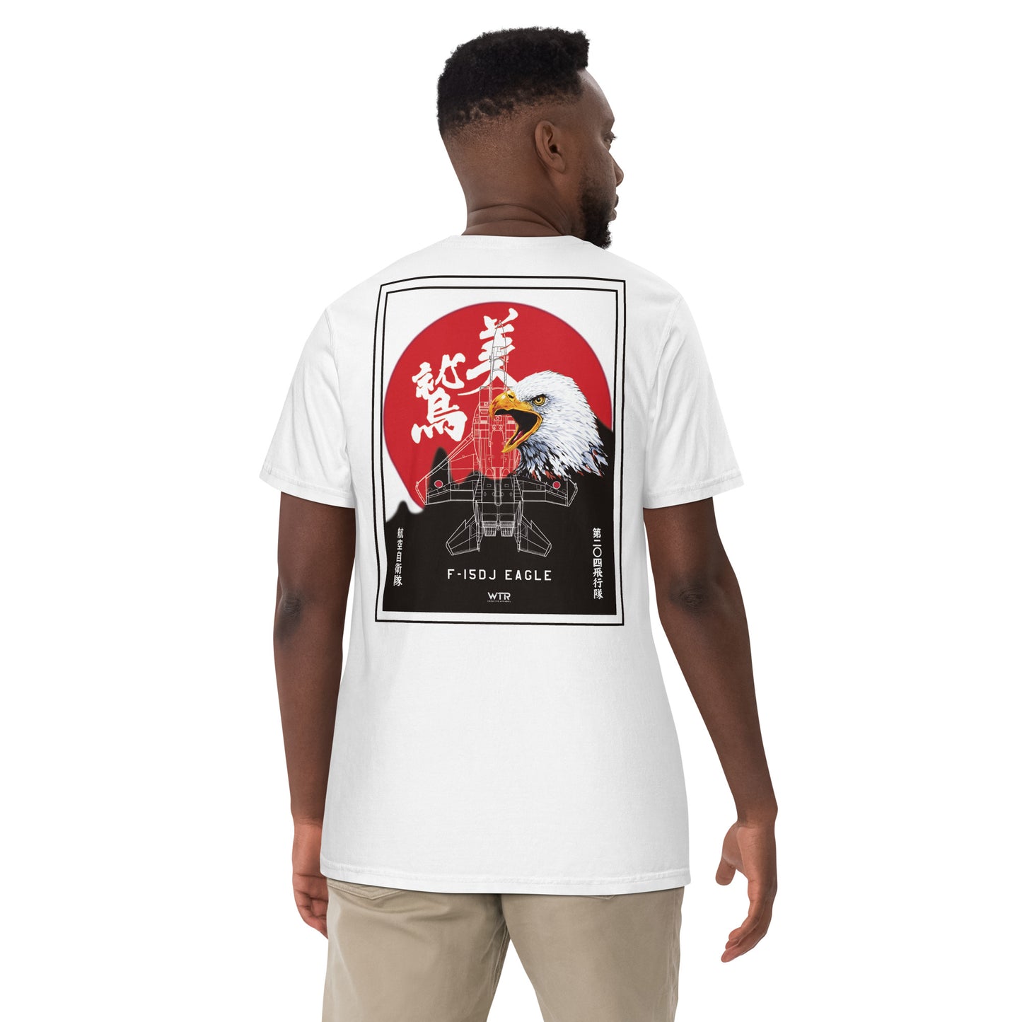 Hand-drawn schematic of the Mitsubishi F-15J Eagle 204th Tactical Fighter Squadron 2024 Churashima Air Fiesta on a standard t-shirt.