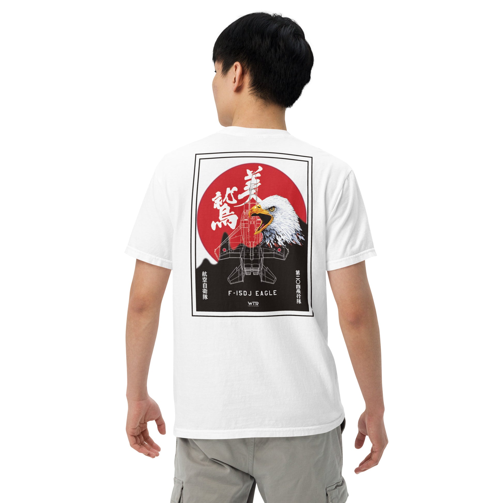 Hand-drawn schematic of the Mitsubishi F-15J Eagle 204th Tactical Fighter Squadron 2024 Churashima Air Fiesta on a standard t-shirt.