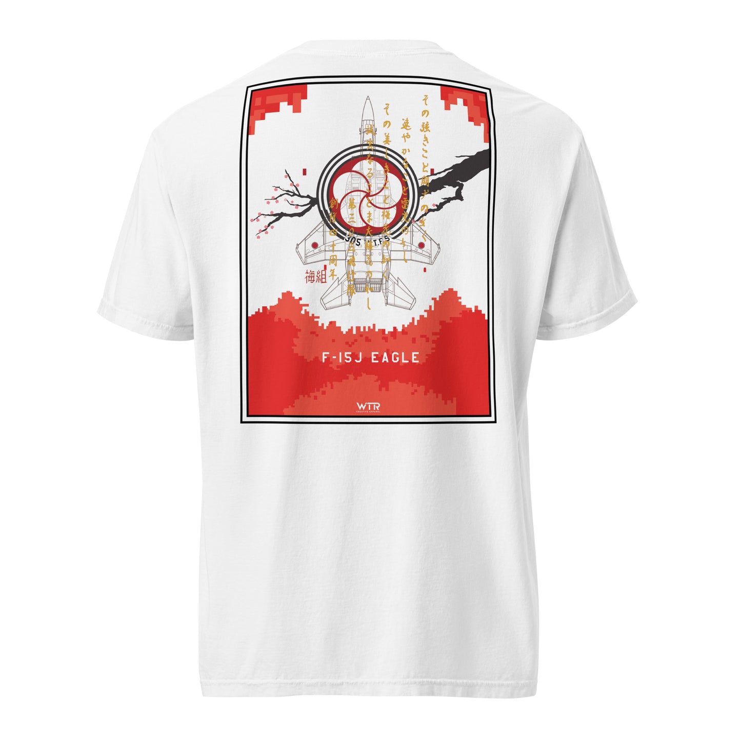 Hand-drawn schematic of the Mitsubishi F-15J Eagle 305th Tactical Fighter Squadron 40 Years livery on a standard t-shirt.
