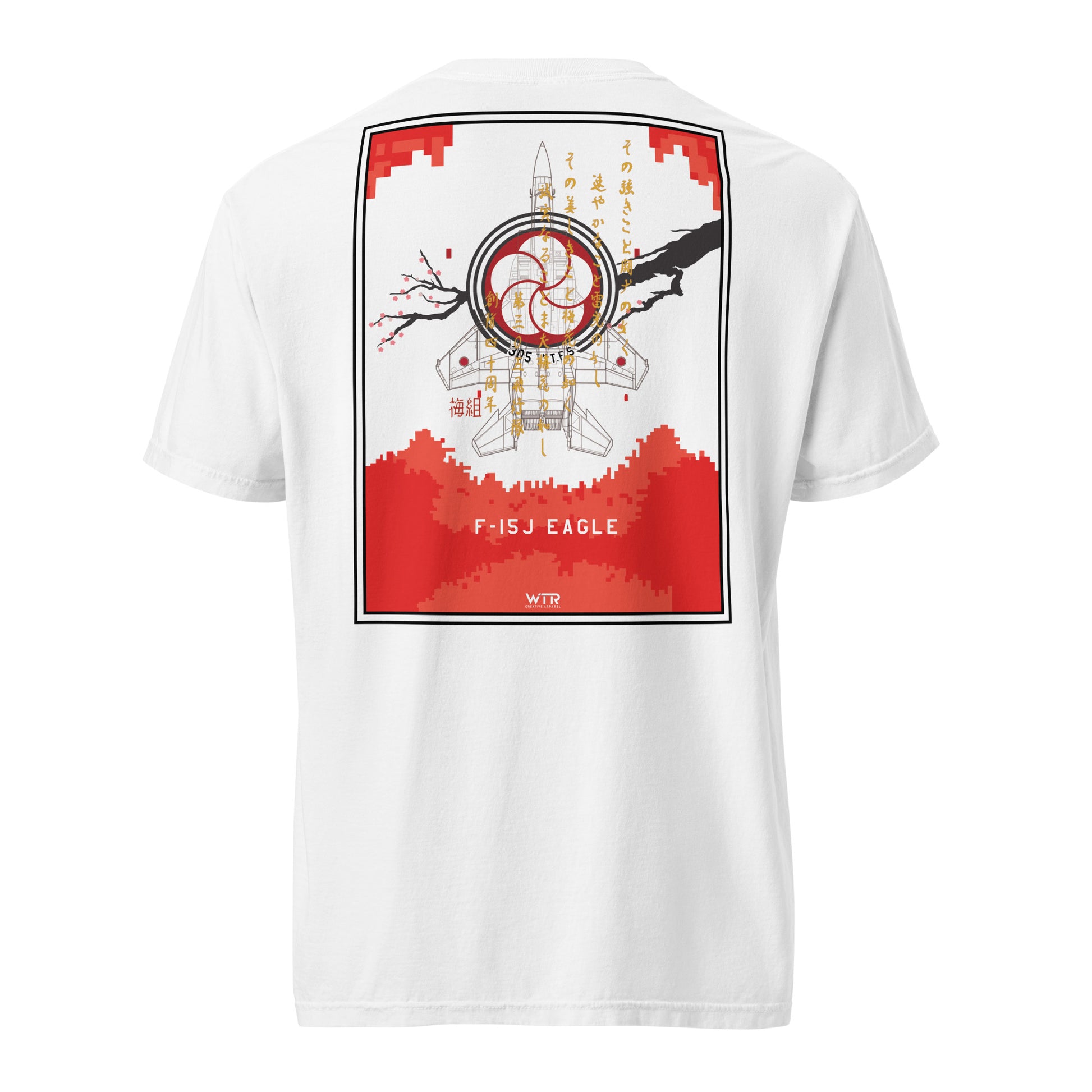 Hand-drawn schematic of the Mitsubishi F-15J Eagle 305th Tactical Fighter Squadron 40 Years livery on a standard t-shirt.