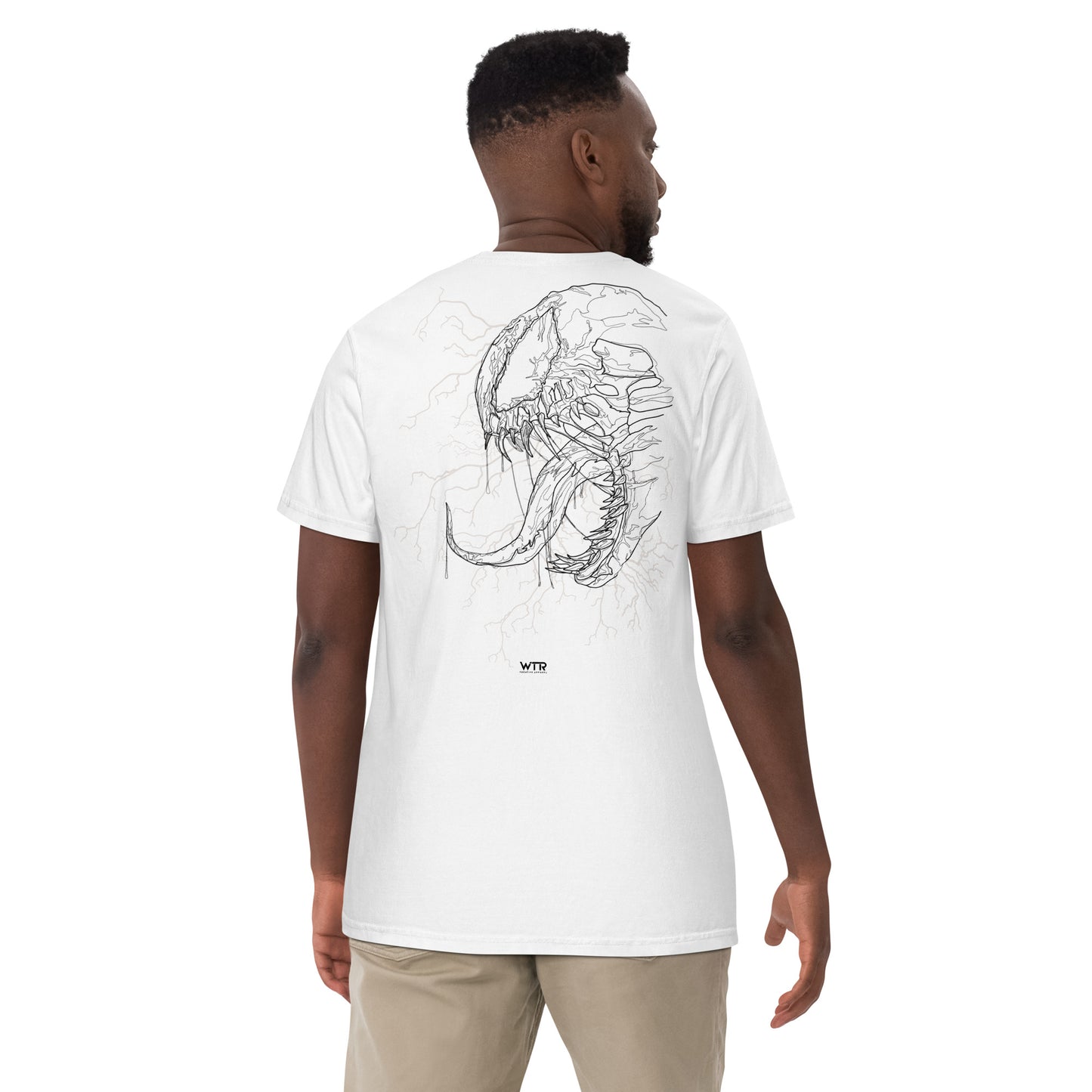 Hand-drawn technical profile of a Venom-inspired monster symbiote anti-hero design printed on a standard t-shirt.