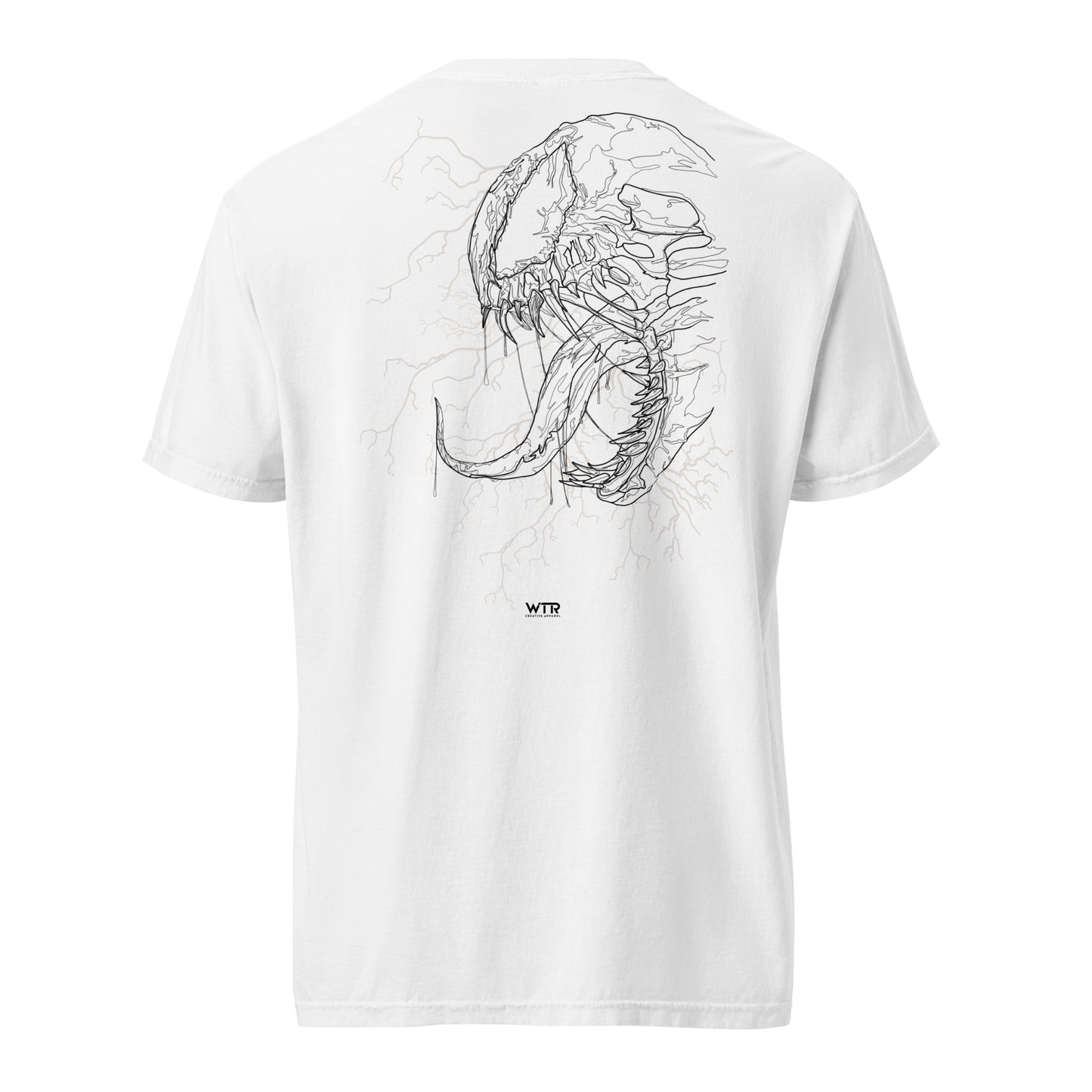 Hand-drawn technical profile of a Venom-inspired monster symbiote anti-hero design printed on a standard t-shirt.
