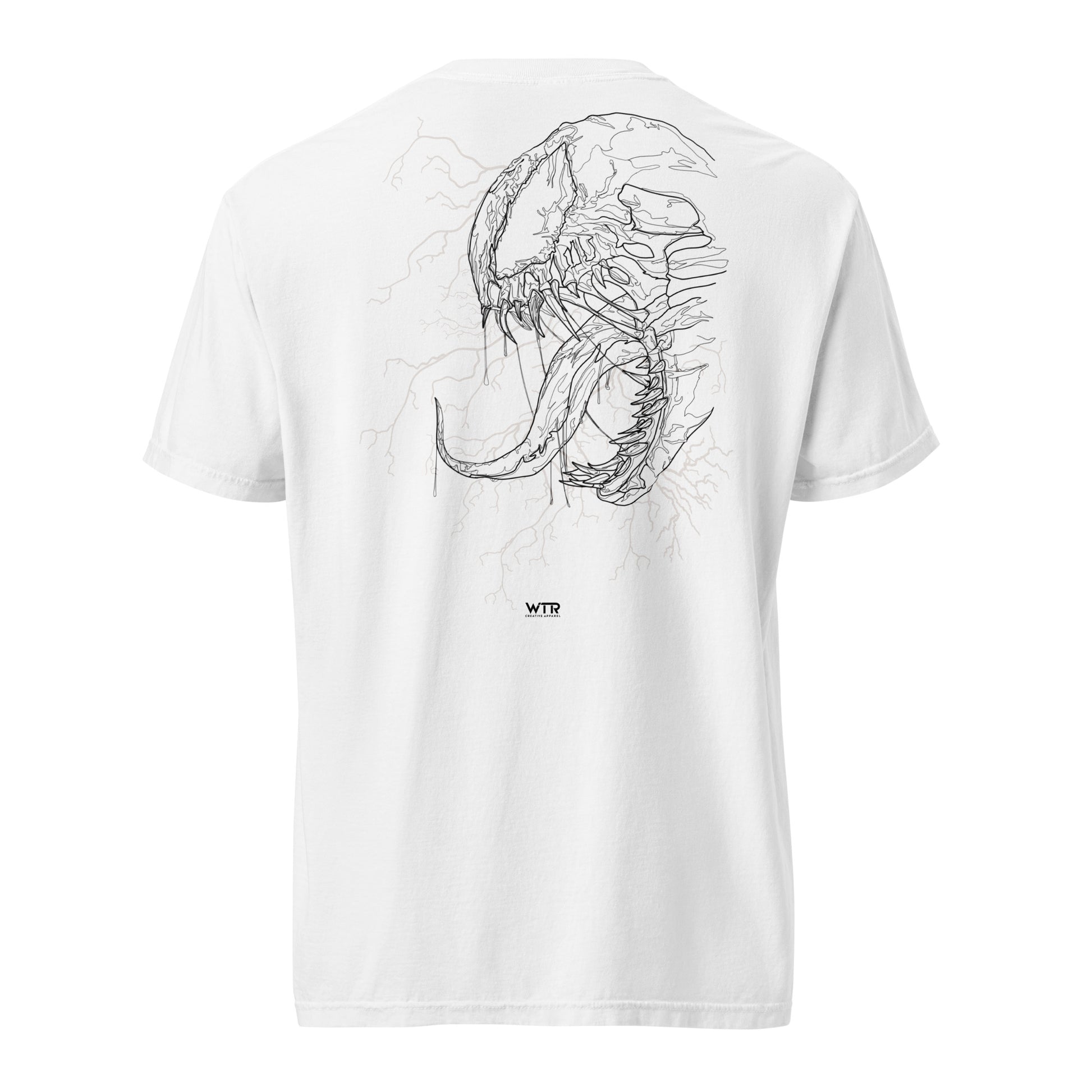 Hand-drawn technical profile of a Venom-inspired monster symbiote anti-hero design printed on a standard t-shirt.