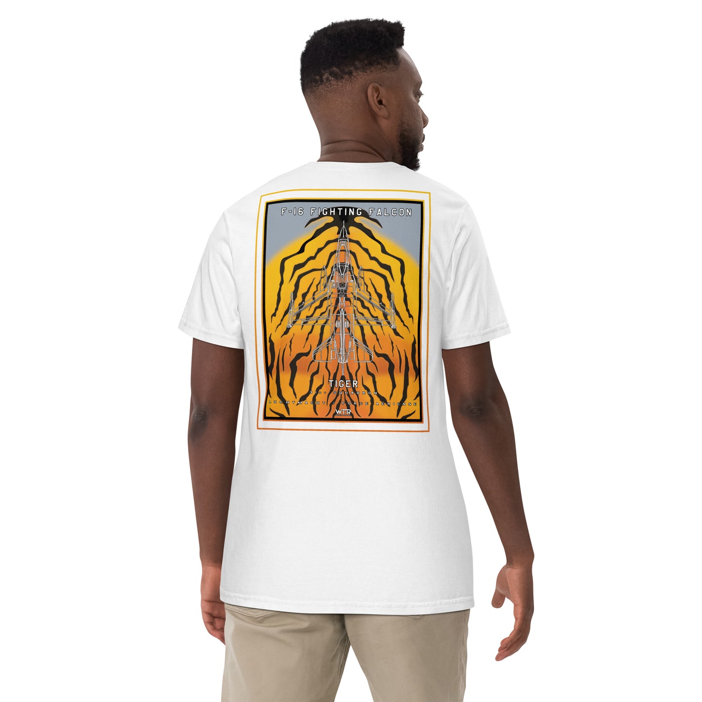 Hand-drawn schematic of the F-16 Belgian Air Force 31st Tiger Squadron 65th Anniversary livery on a standard t-shirt.