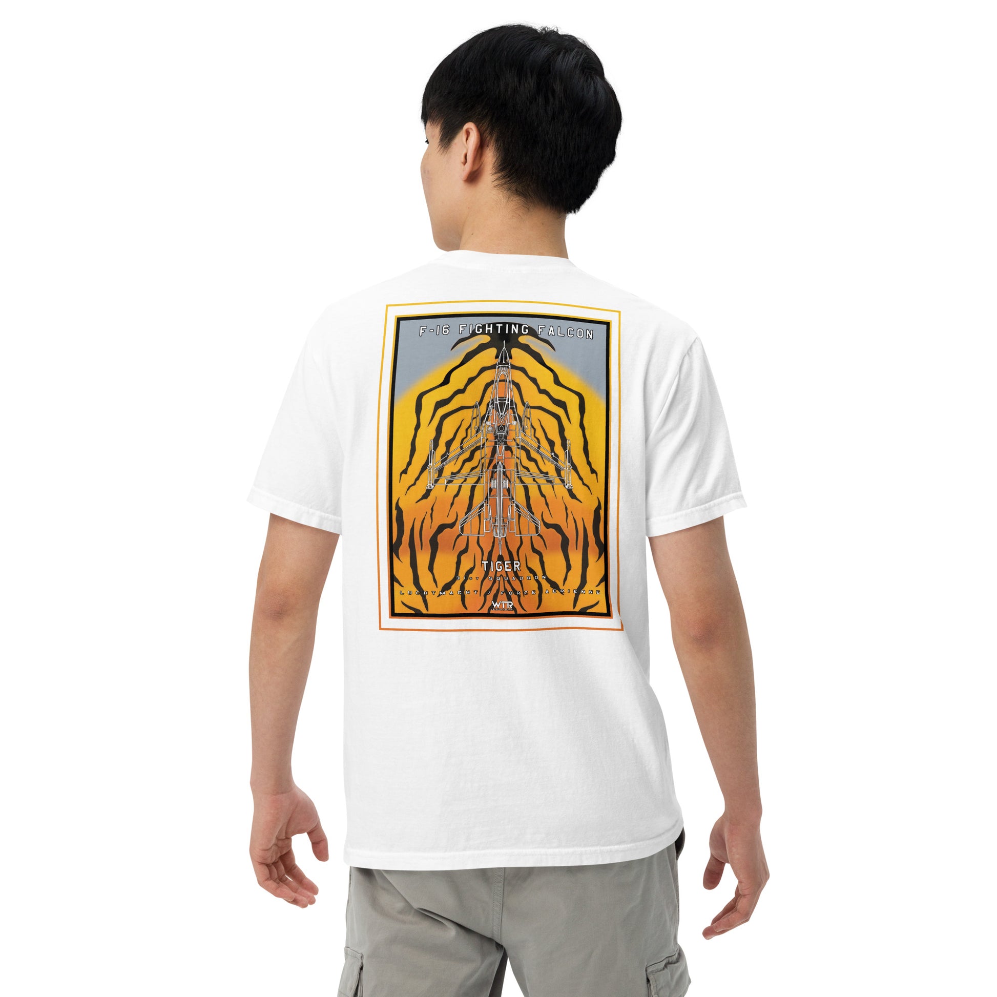 Hand-drawn schematic of the F-16 Belgian Air Force 31st Tiger Squadron 65th Anniversary livery on a standard t-shirt.