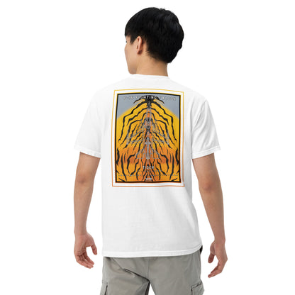 Hand-drawn schematic of the F-16 Belgian Air Force 31st Tiger Squadron 65th Anniversary livery on a standard t-shirt.
