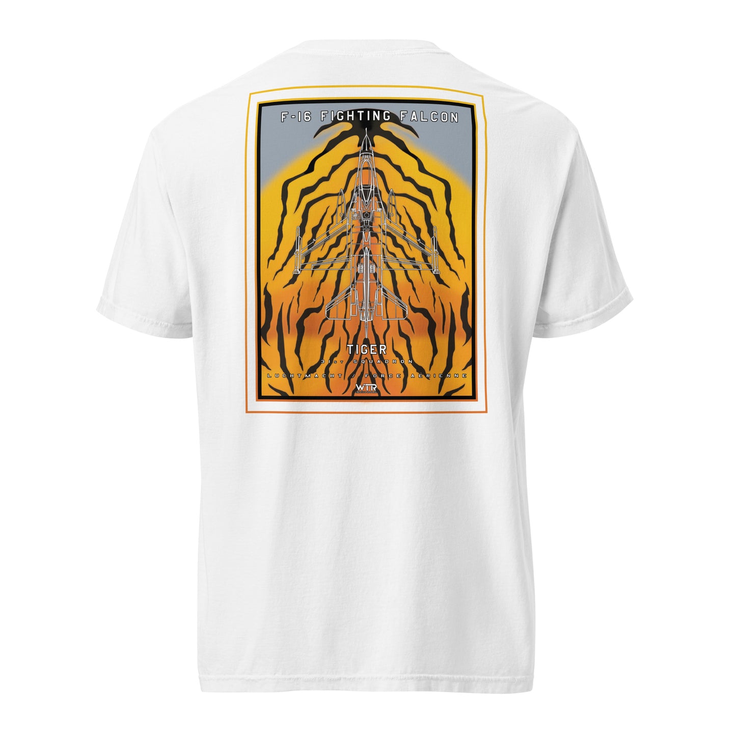 Hand-drawn schematic of the F-16 Belgian Air Force 31st Tiger Squadron 65th Anniversary livery on a standard t-shirt.