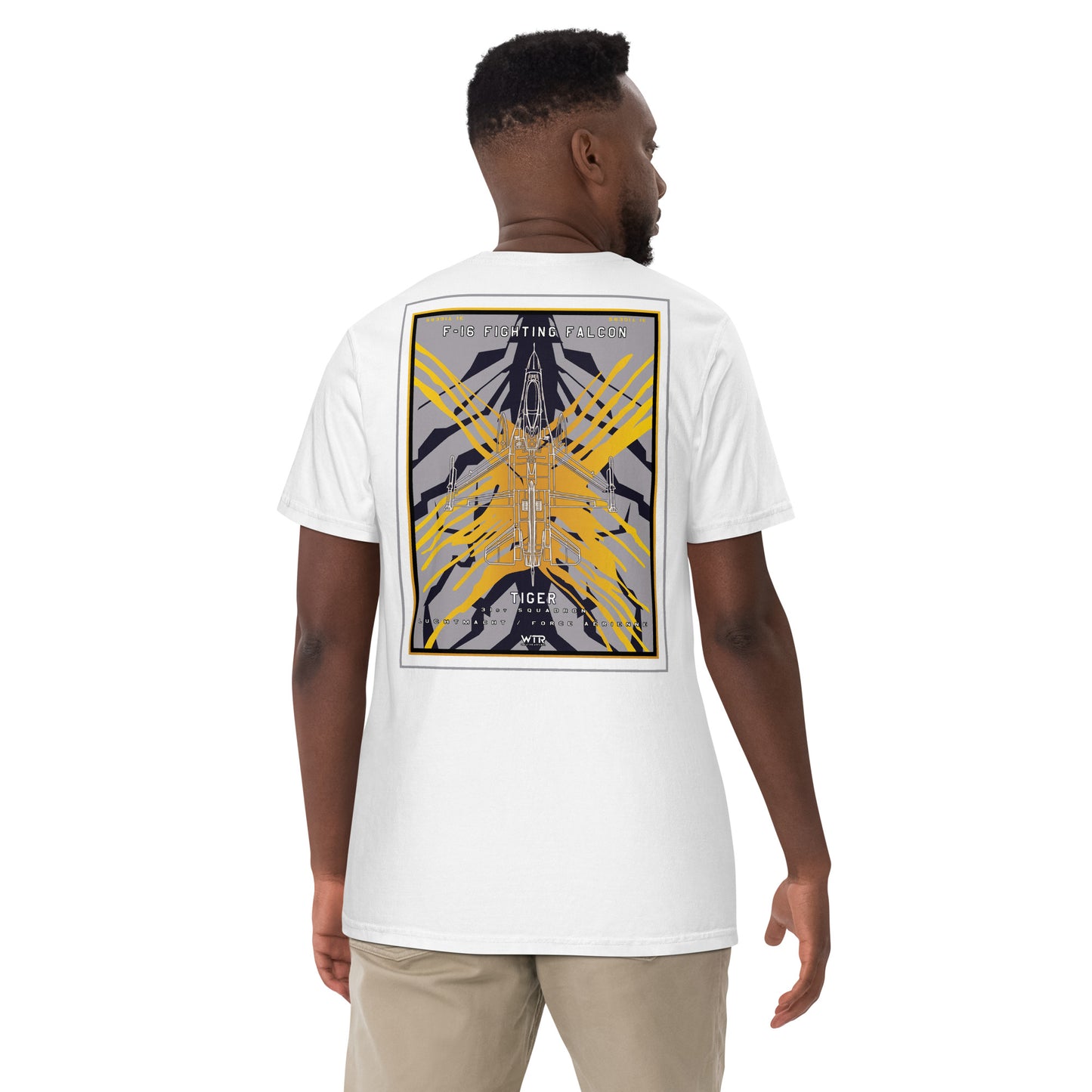 Hand-drawn schematic of the F-16 Fighting Falcon Belgian Air Force 31st X-Tiger camouflage on a standard t-shirt.