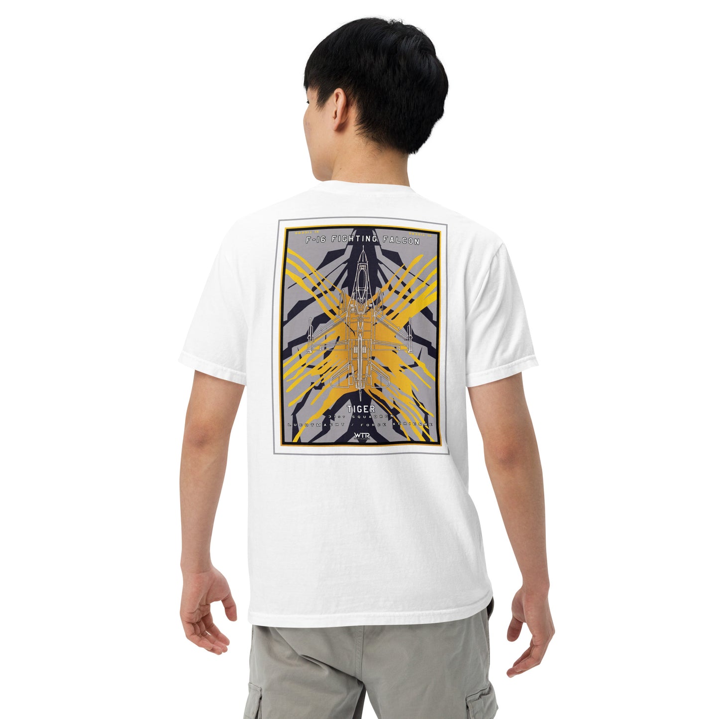Hand-drawn schematic of the F-16 Fighting Falcon Belgian Air Force 31st X-Tiger camouflage on a standard t-shirt.