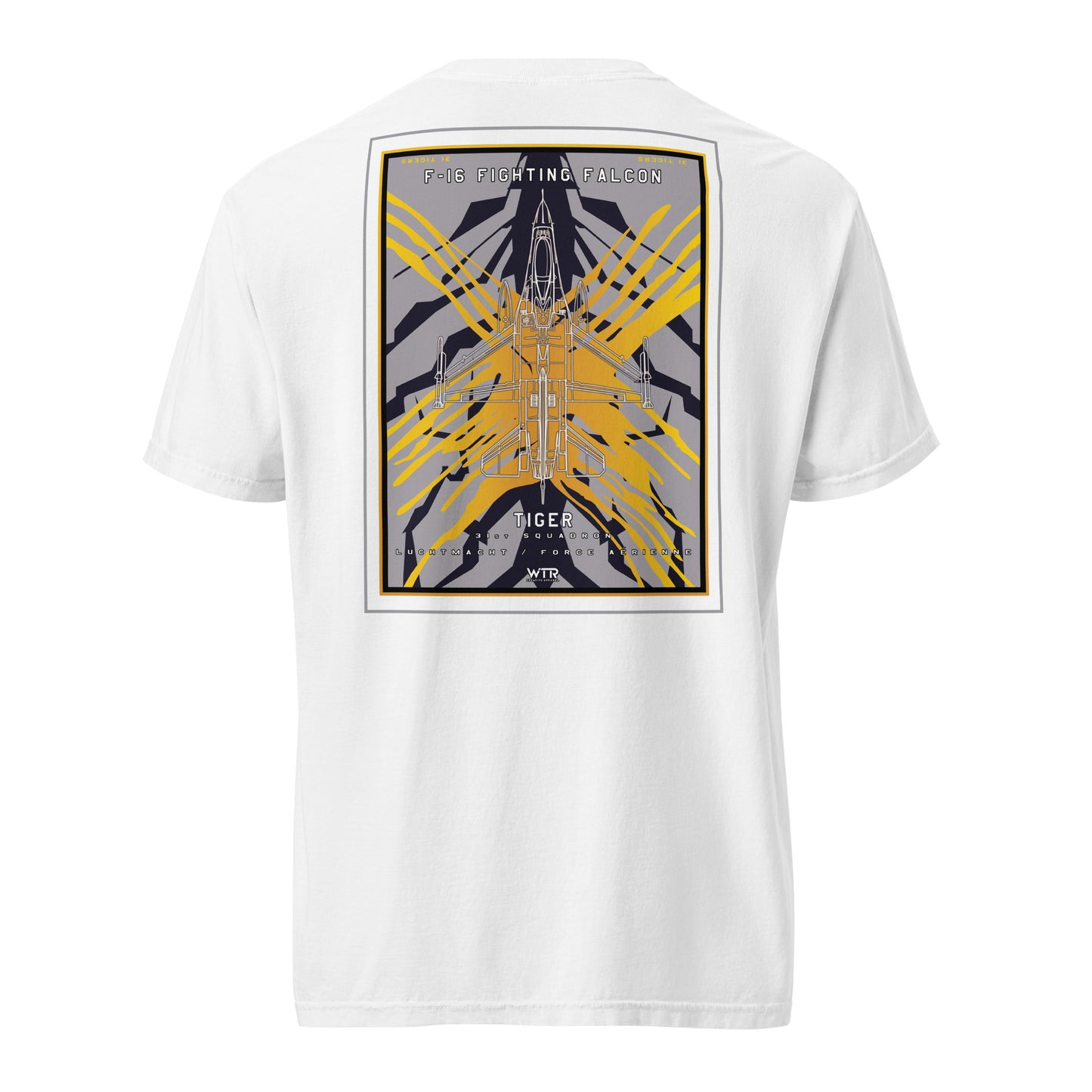 Hand-drawn schematic of the F-16 Fighting Falcon Belgian Air Force 31st X-Tiger camouflage on a standard t-shirt.