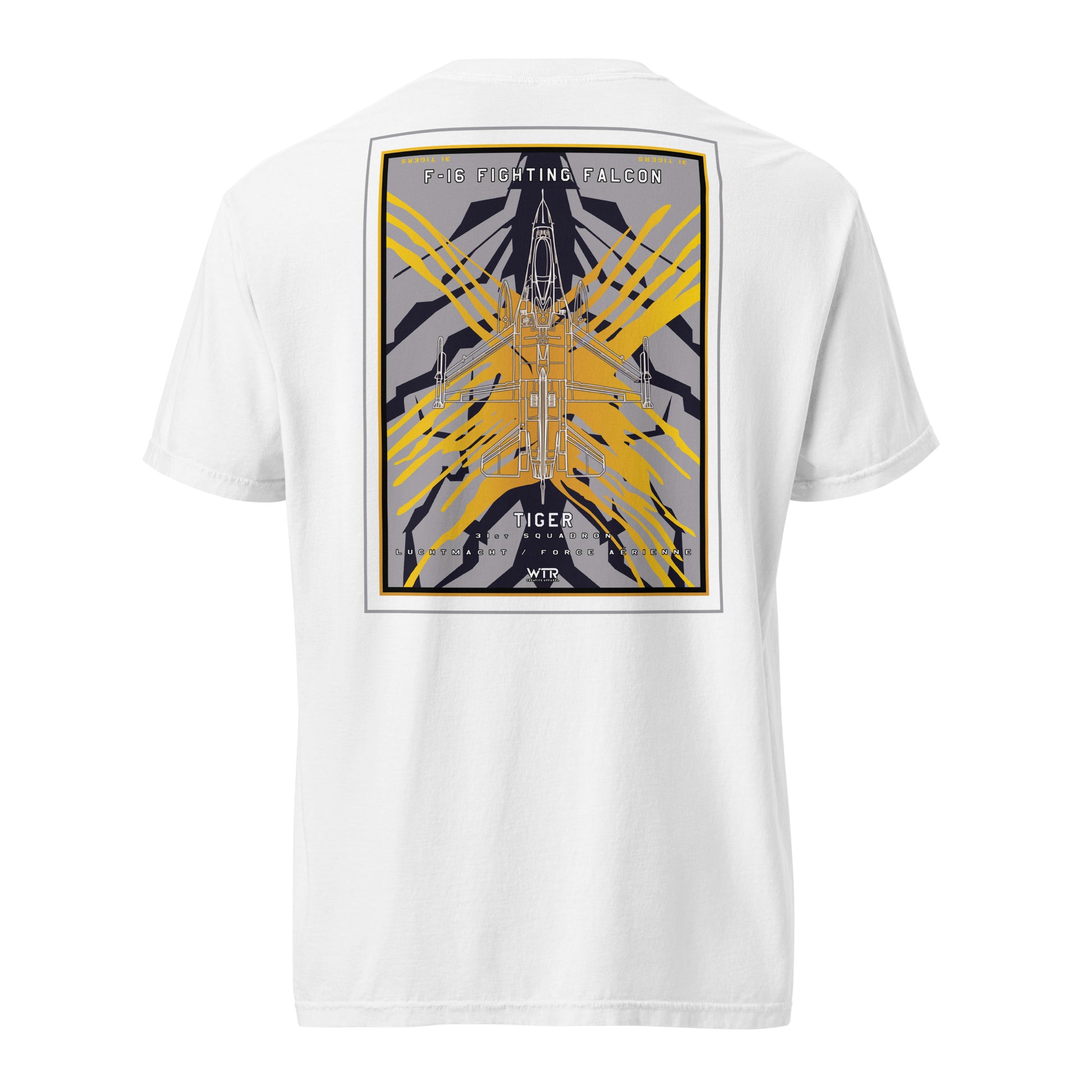 Hand-drawn schematic of the F-16 Fighting Falcon Belgian Air Force 31st X-Tiger camouflage on a standard t-shirt.