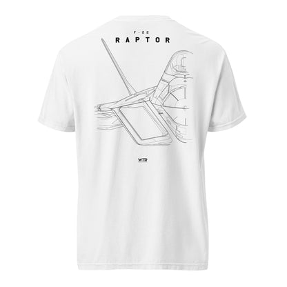 Hand-drawn technical study of the Lockheed Martin F-22 Raptor front canopy and nose section on a standard t-shirt.