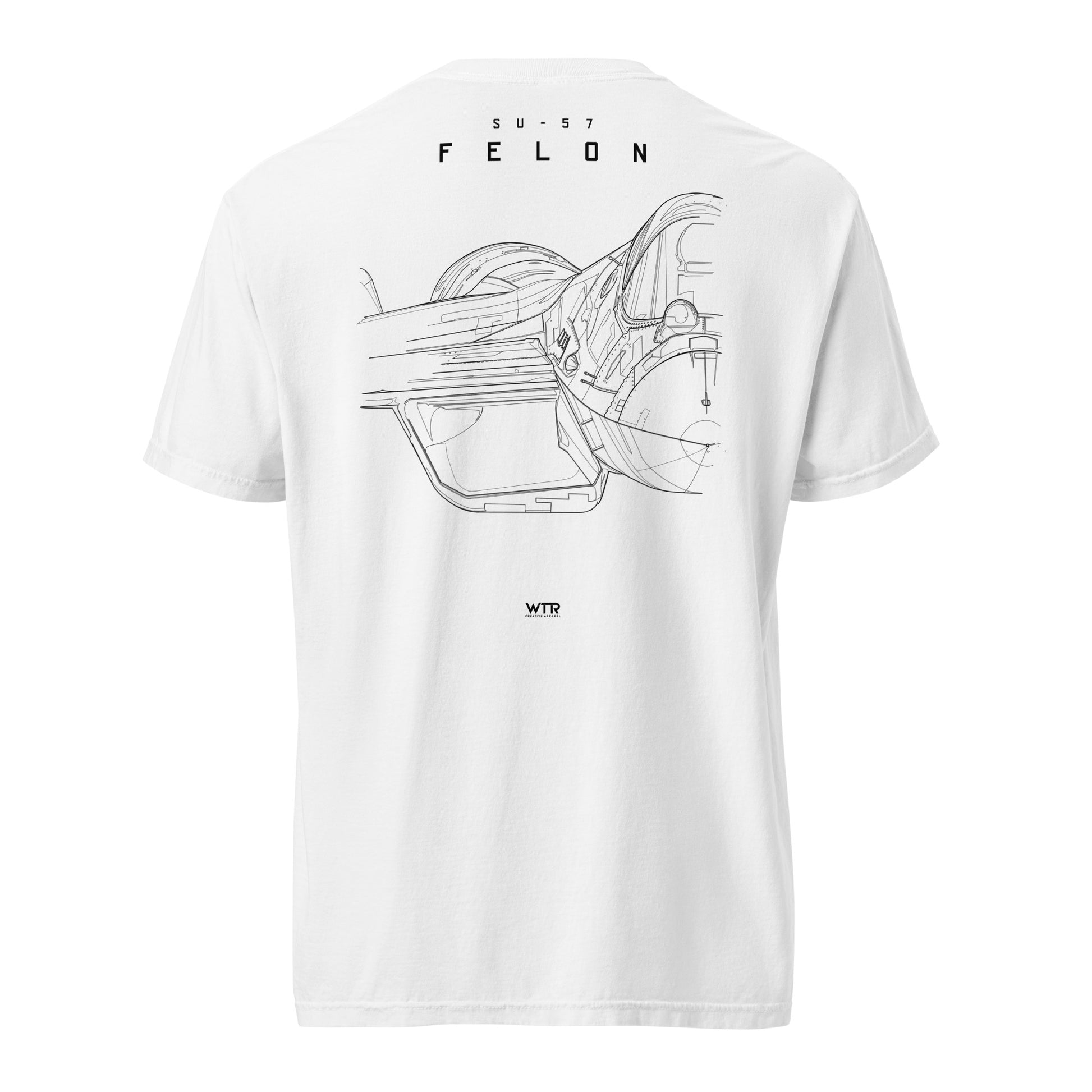 Hand-drawn front nose canopy study of the Sukhoi Su-57 Felon printed on a standard t-shirt.