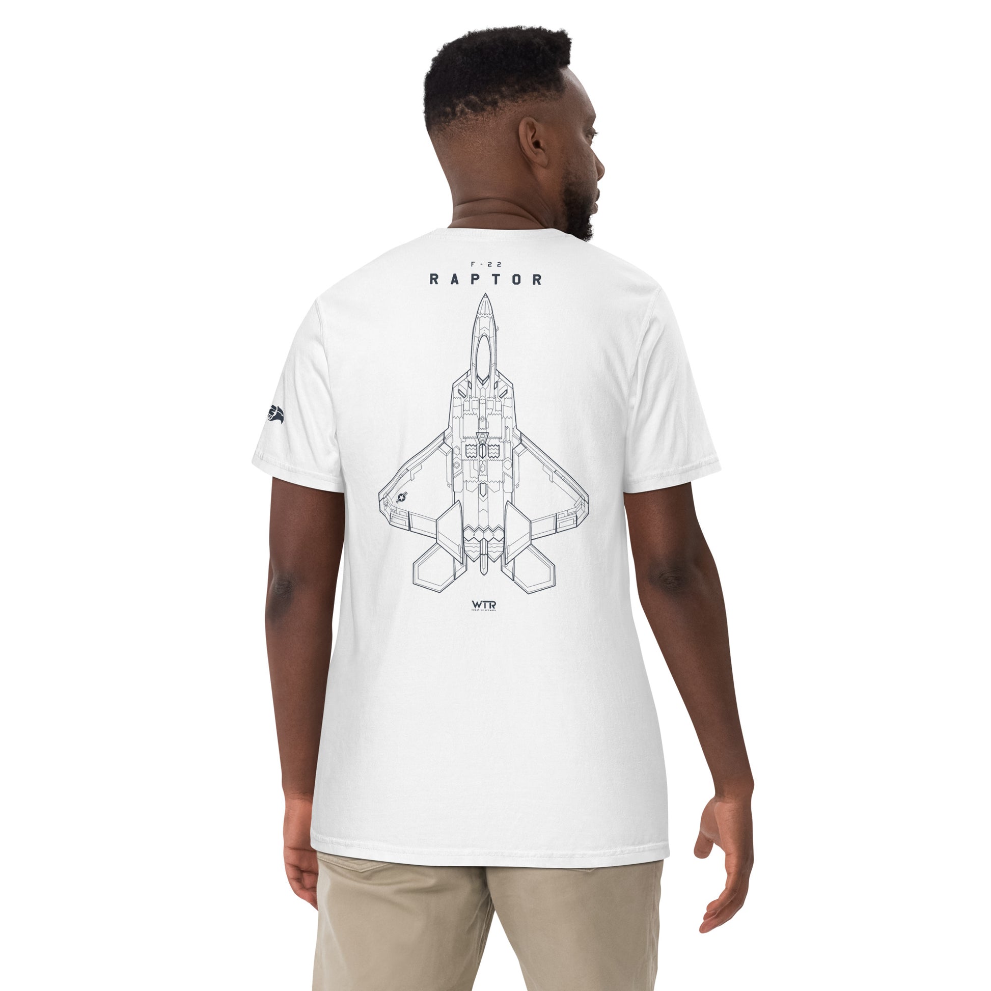 Hand-drawn full schematic of the Lockheed Martin F-22 Raptor printed on a standard t-shirt.