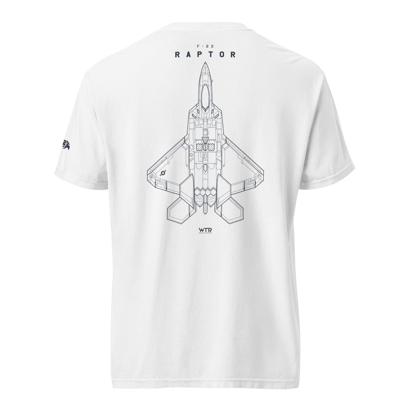 Hand-drawn full schematic of the Lockheed Martin F-22 Raptor printed on a standard t-shirt.