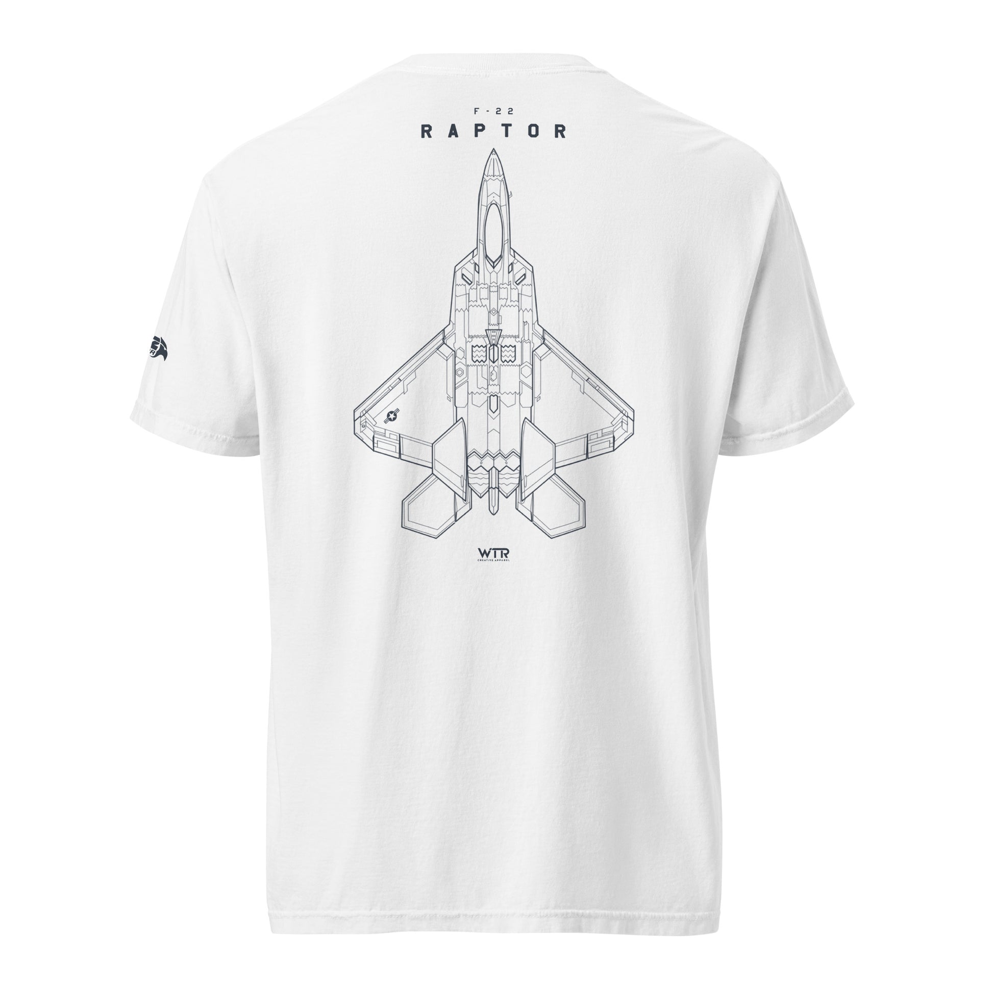 Hand-drawn full schematic of the Lockheed Martin F-22 Raptor printed on a standard t-shirt.