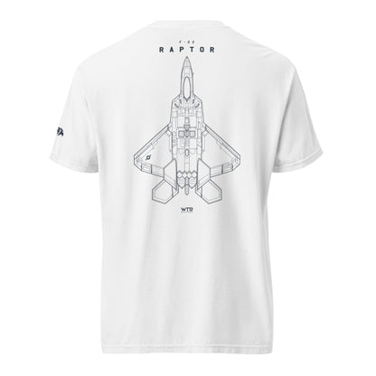 Hand-drawn full schematic of the Lockheed Martin F-22 Raptor printed on a standard t-shirt.