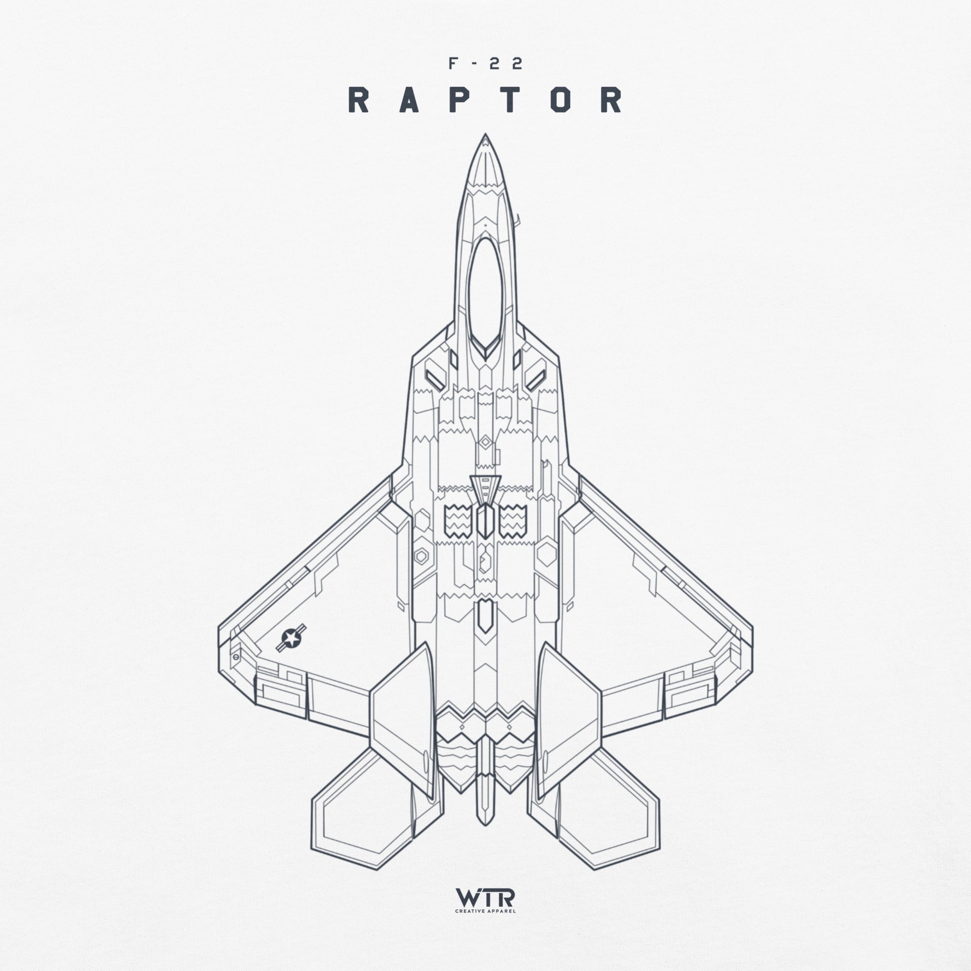 Hand-drawn full schematic of the Lockheed Martin F-22 Raptor printed on a standard t-shirt.