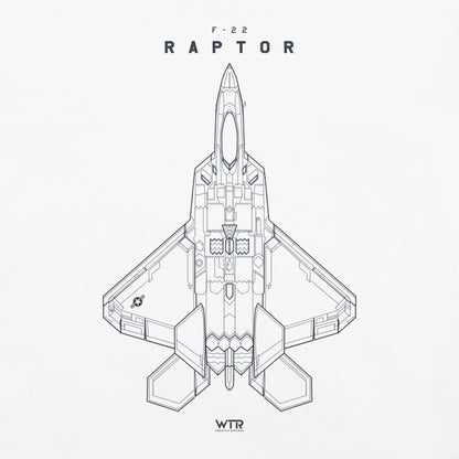 Hand-drawn full schematic of the Lockheed Martin F-22 Raptor printed on a standard t-shirt.