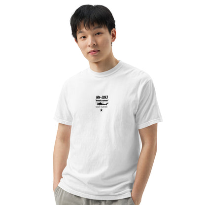 Hand-drawn technical schematic of the Mil Mi-28NE Night Hunter attack helicopter printed on a standard t-shirt.