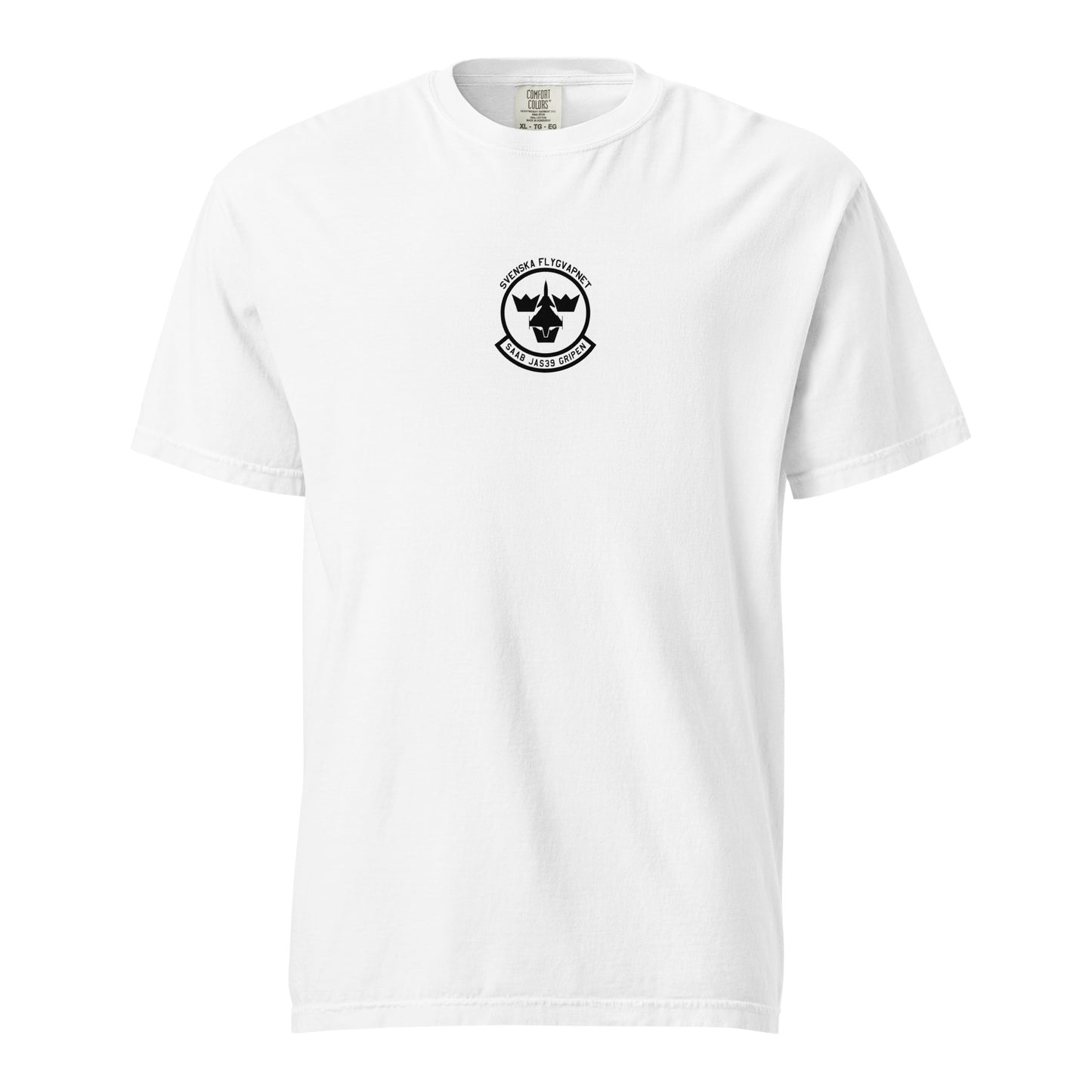 Hand-drawn schematic of the SAAB JAS 39 GRIPEN printed on a standard T-shirt.