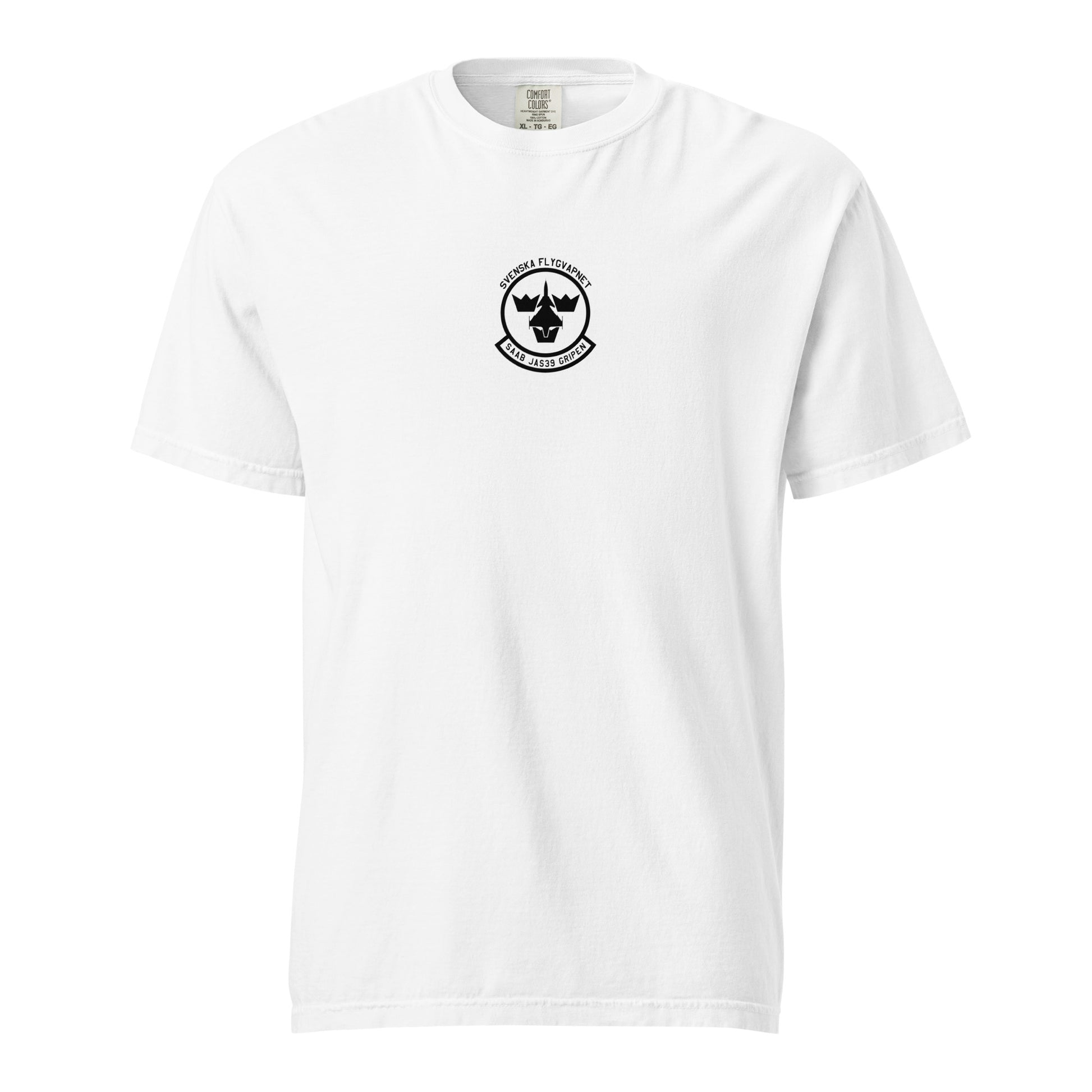 Hand-drawn schematic of the SAAB JAS 39 GRIPEN printed on a standard T-shirt.