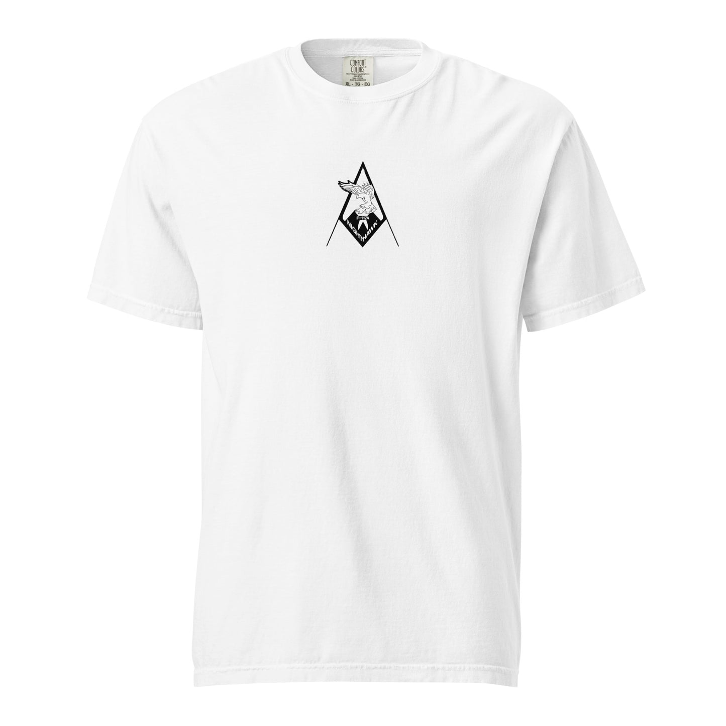 Hand-drawn schematic of the LOCKHEED MARTIN SKUNK WORKS F-117 NIGHTHAWK printed on a standard T-shirt.