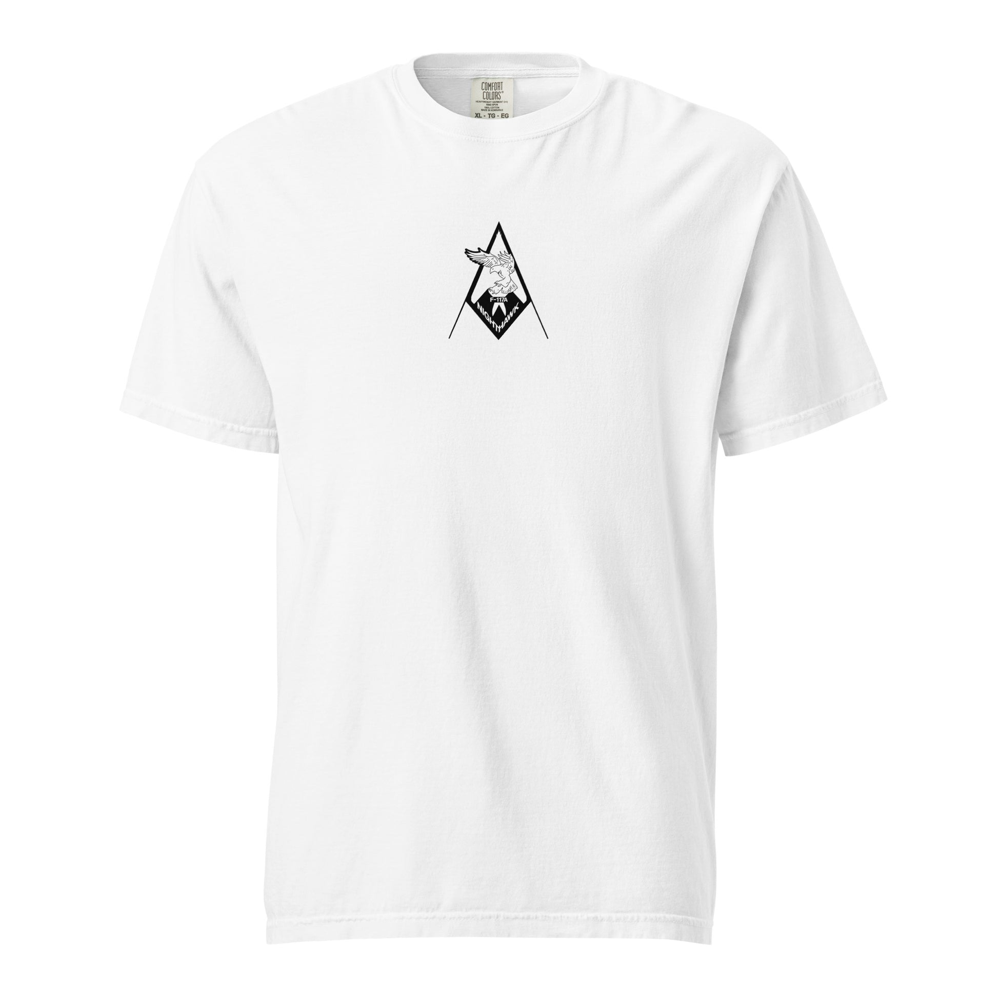 Hand-drawn schematic of the LOCKHEED MARTIN SKUNK WORKS F-117 NIGHTHAWK printed on a standard T-shirt.