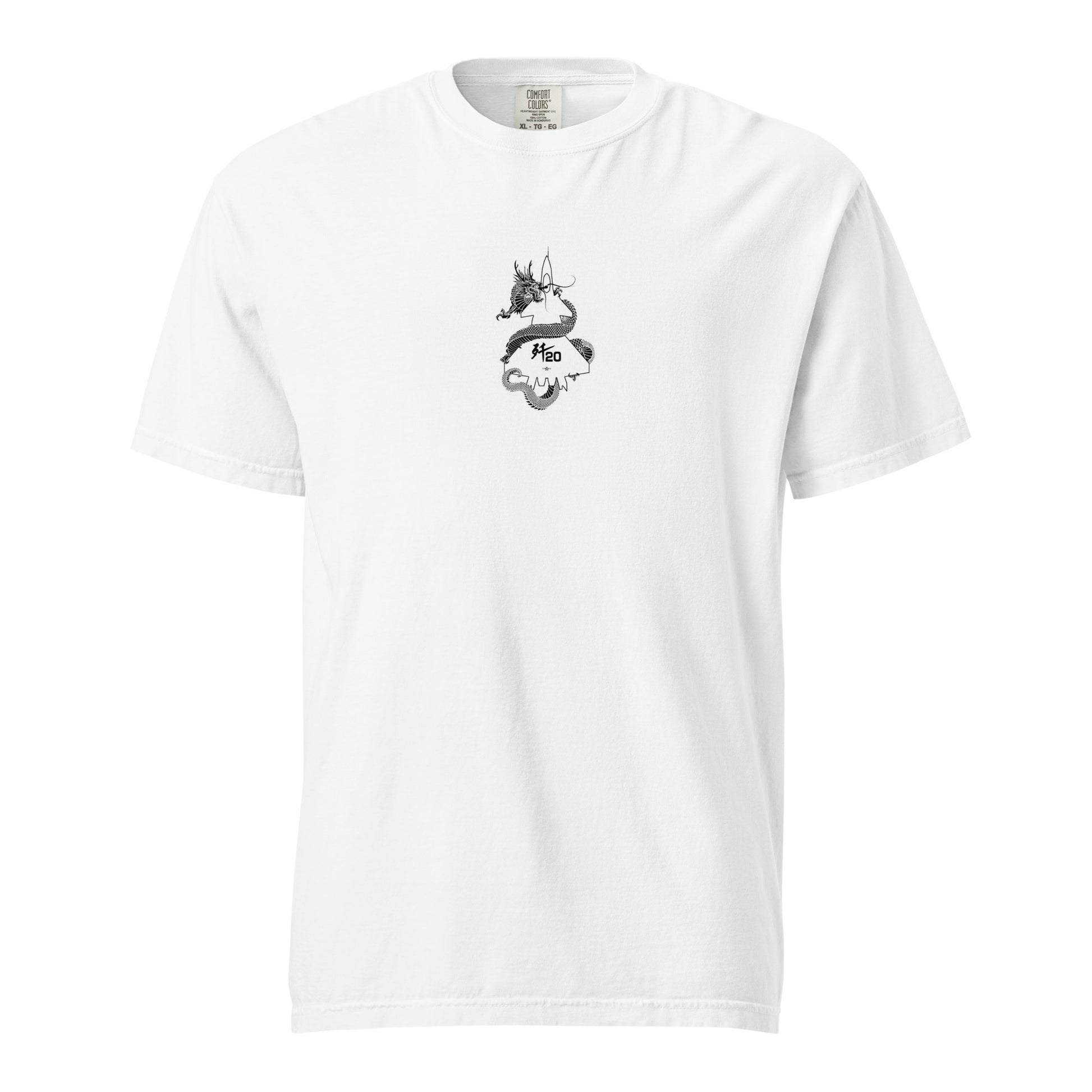 Hand-drawn technical schematic of the Chengdu J-20 Mighty Dragon Chinese stealth fighter on a standard t-shirt.