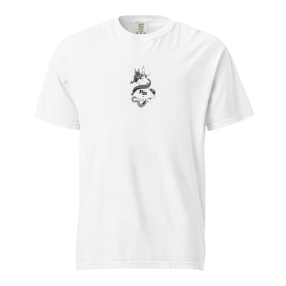 Hand-drawn technical schematic of the Chengdu J-20 Mighty Dragon Chinese stealth fighter on a standard t-shirt.