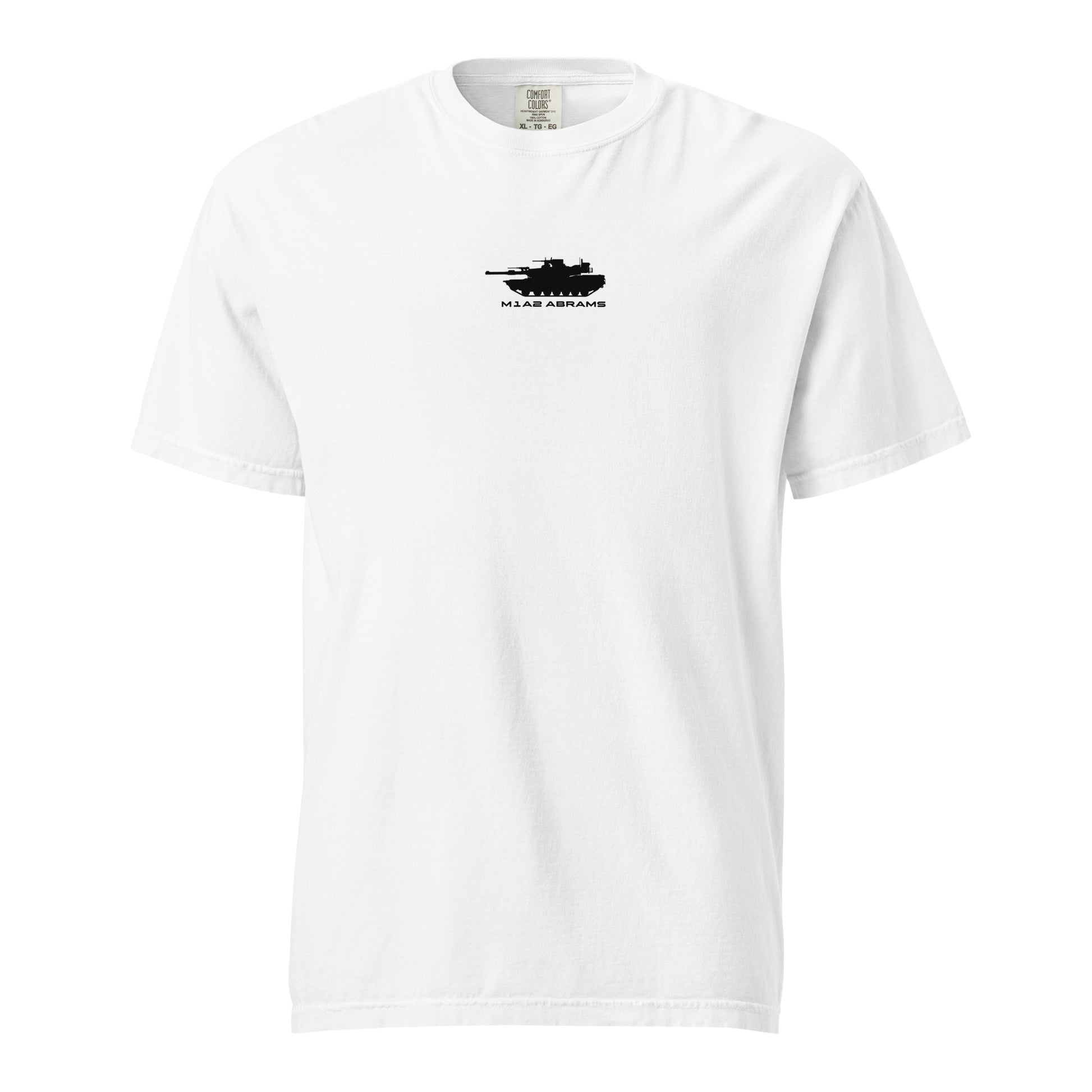 Hand-drawn schematic of the GENERAL DYNAMICS M1A2 ABRAMS TANK printed on a standard T-shirt.