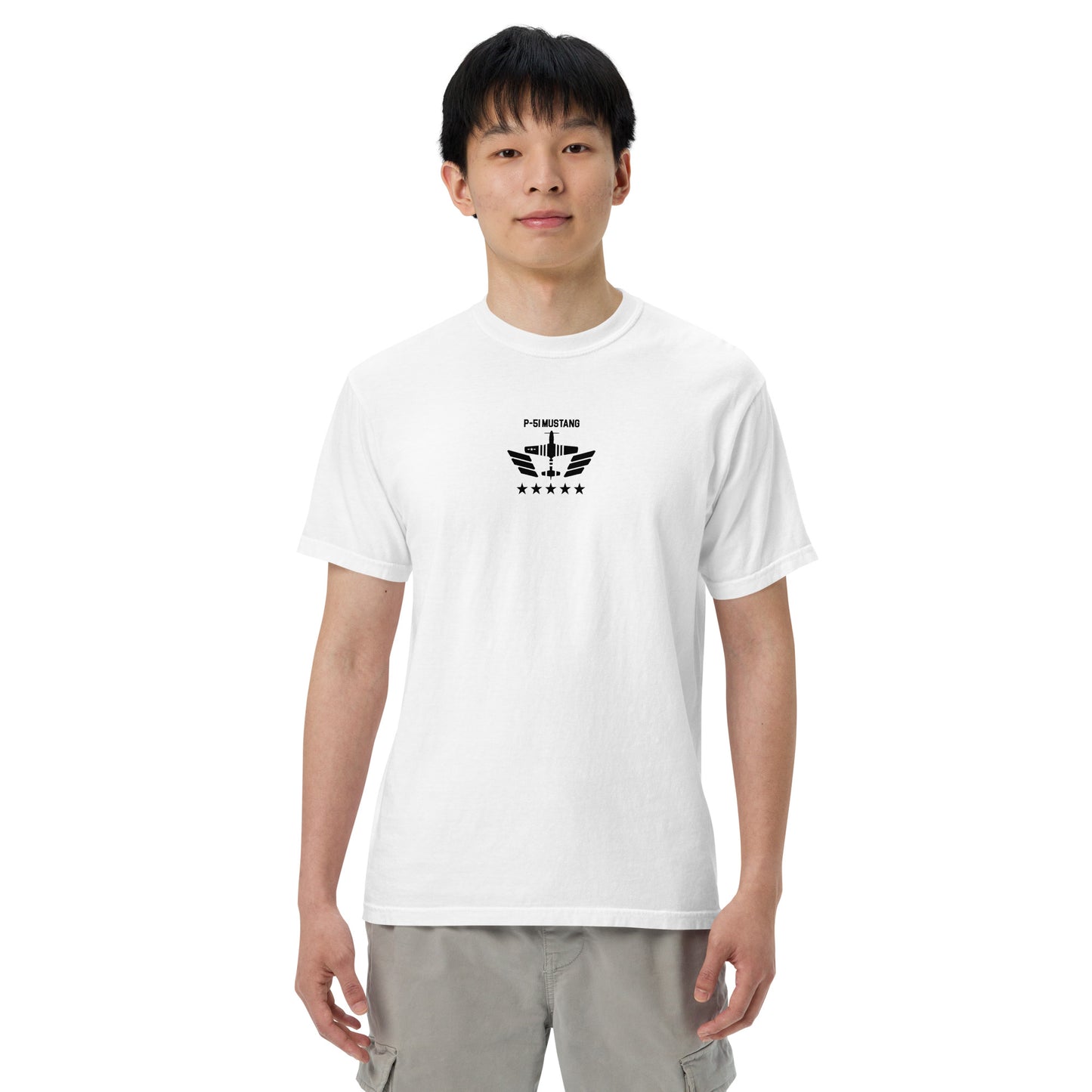 Hand-drawn technical schematic of the North American P-51D Mustang WWII fighter printed on a standard t-shirt.