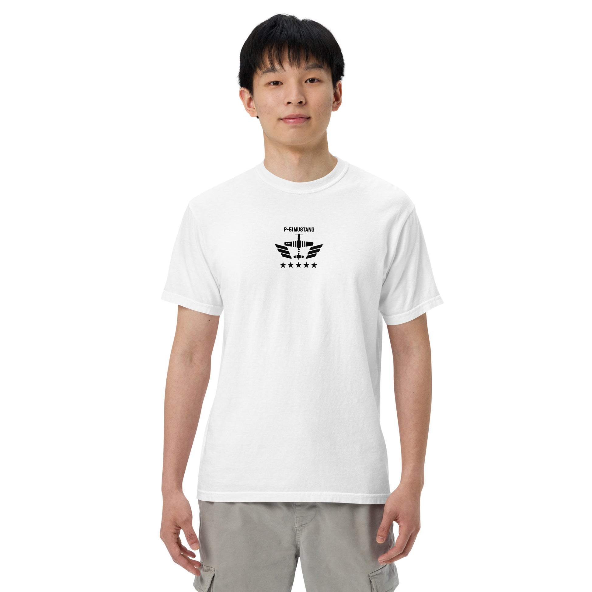 Hand-drawn technical schematic of the North American P-51D Mustang WWII fighter printed on a standard t-shirt.
