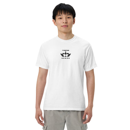 Hand-drawn technical schematic of the North American P-51D Mustang WWII fighter printed on a standard t-shirt.