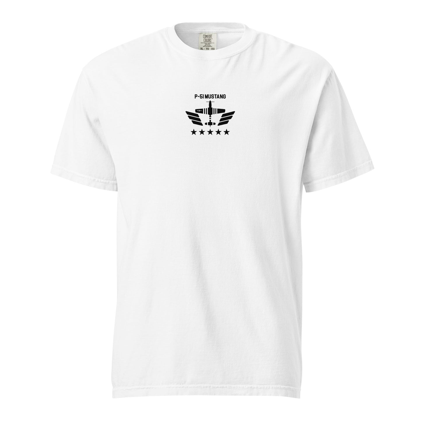 Hand-drawn technical schematic of the North American P-51D Mustang WWII fighter printed on a standard t-shirt.