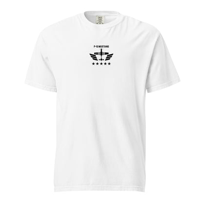 Hand-drawn technical schematic of the North American P-51D Mustang WWII fighter printed on a standard t-shirt.