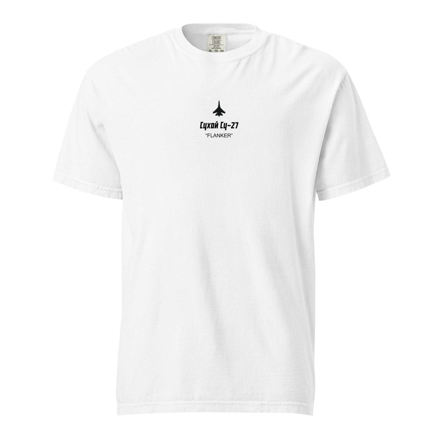 Hand-drawn technical schematic of the Sukhoi SU-27 Flanker supermaneuverable fighter on a standard t-shirt.